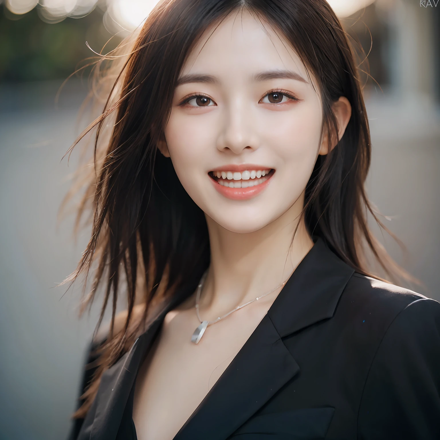 Dressed, (photographrealistic:1.4), (Hyper realistic:1.4), (Realistic:1.3), (Smoother lighting:1.05), (increase cinematic lighting quality:0.9), 32K, 1girl in,25-years old, Realistic lighting, Backlighting, Light on Face, raytrace, (Brightening light:1.2), (Increase quality:1.4), (Top quality real texture skins:1.4), finely detailed eyes, finerly detailed face, (tired and sleepy and joy:0), (Laugh:1.4), Black Suit,a necklace, (Increase body line mood:1.1), (Increase the beauty of skin texture:1.1)