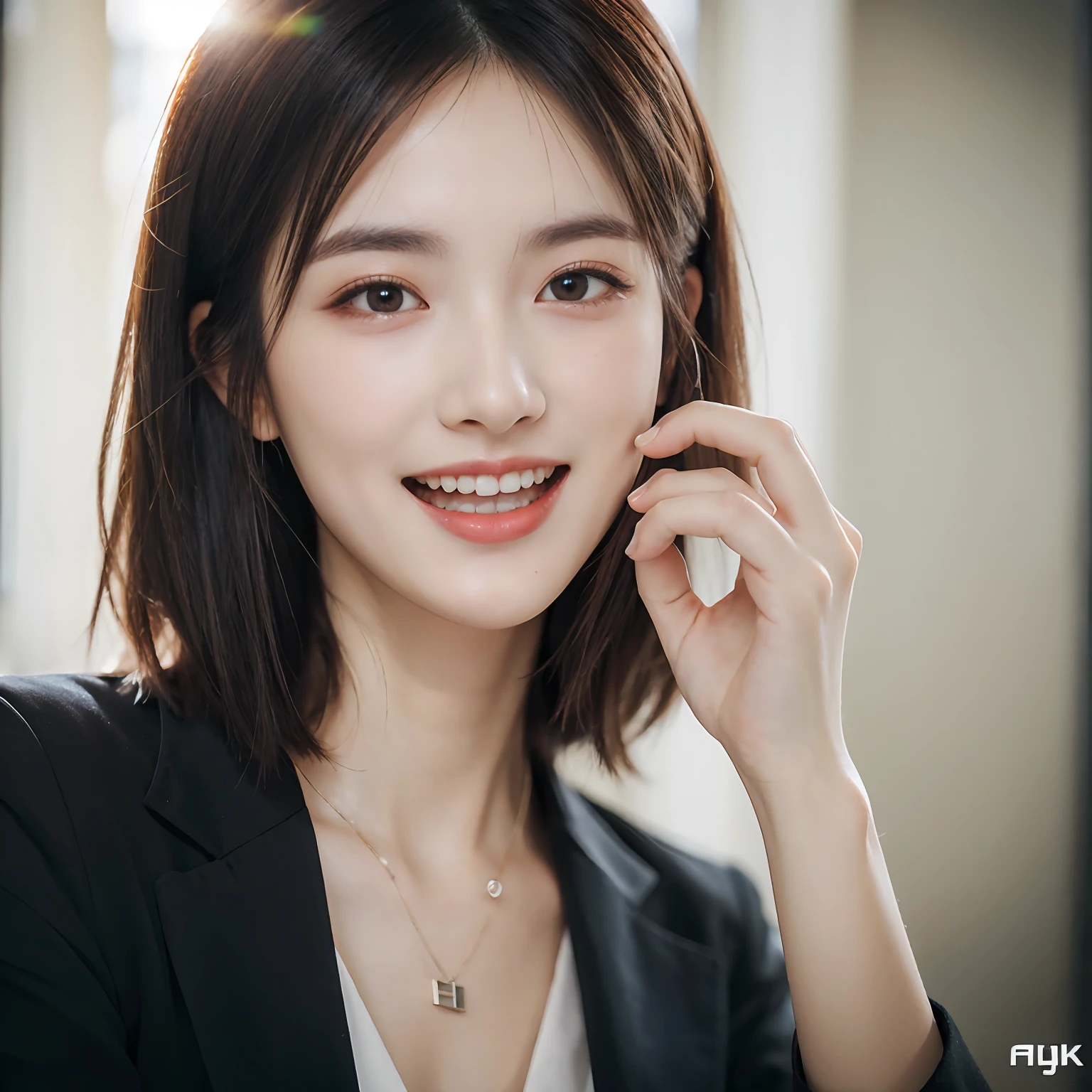 Dressed, (photographrealistic:1.4), (Hyper realistic:1.4), (Realistic:1.3), (Smoother lighting:1.05), (increase cinematic lighting quality:0.9), 32K, 1girl in,25-years old, Realistic lighting, Backlighting, Light on Face, raytrace, (Brightening light:1.2), (Increase quality:1.4), (Top quality real texture skins:1.4), finely detailed eyes, finerly detailed face, (tired and sleepy and joy:0), (Laugh:1.4), Black Suit,a necklace, (Increase body line mood:1.1), (Increase the beauty of skin texture:1.1)