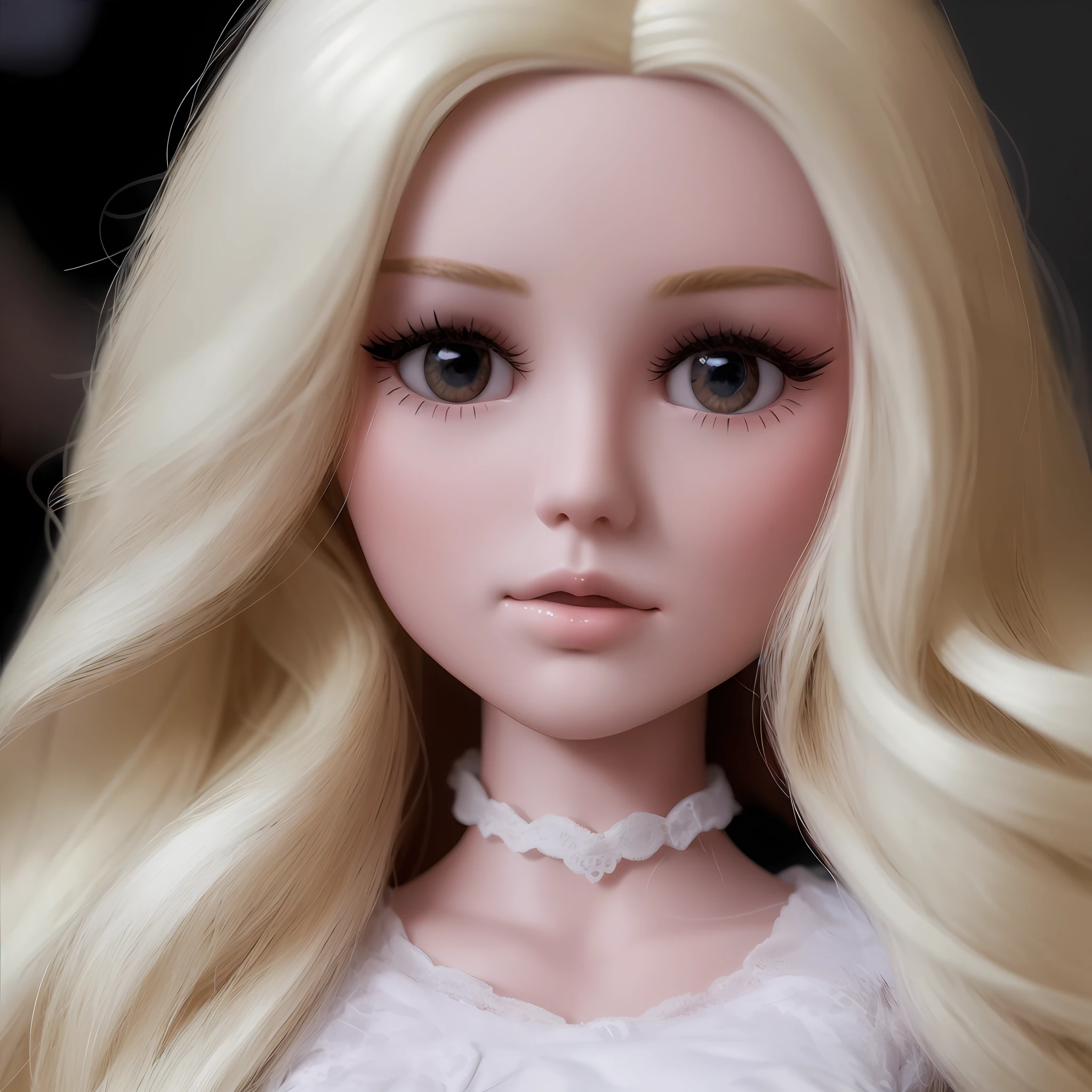boneca barbie loira com longos cabelos loiros e um vestido de renda branco, longos cabelos loiros e olhos grandes, Well done eyelashes, boneca articulada da bola, longos cabelos loiros e olhos grandes, cabelos loiros e olhos grandes, skyboneca noa |, imagem detalhada, imagem detalhada, plastic doll, pale milky white porcelain skin, boneca barbie anime, Retrato da boneca Barbie, boneca, cara de boneca, porcelana pele branca