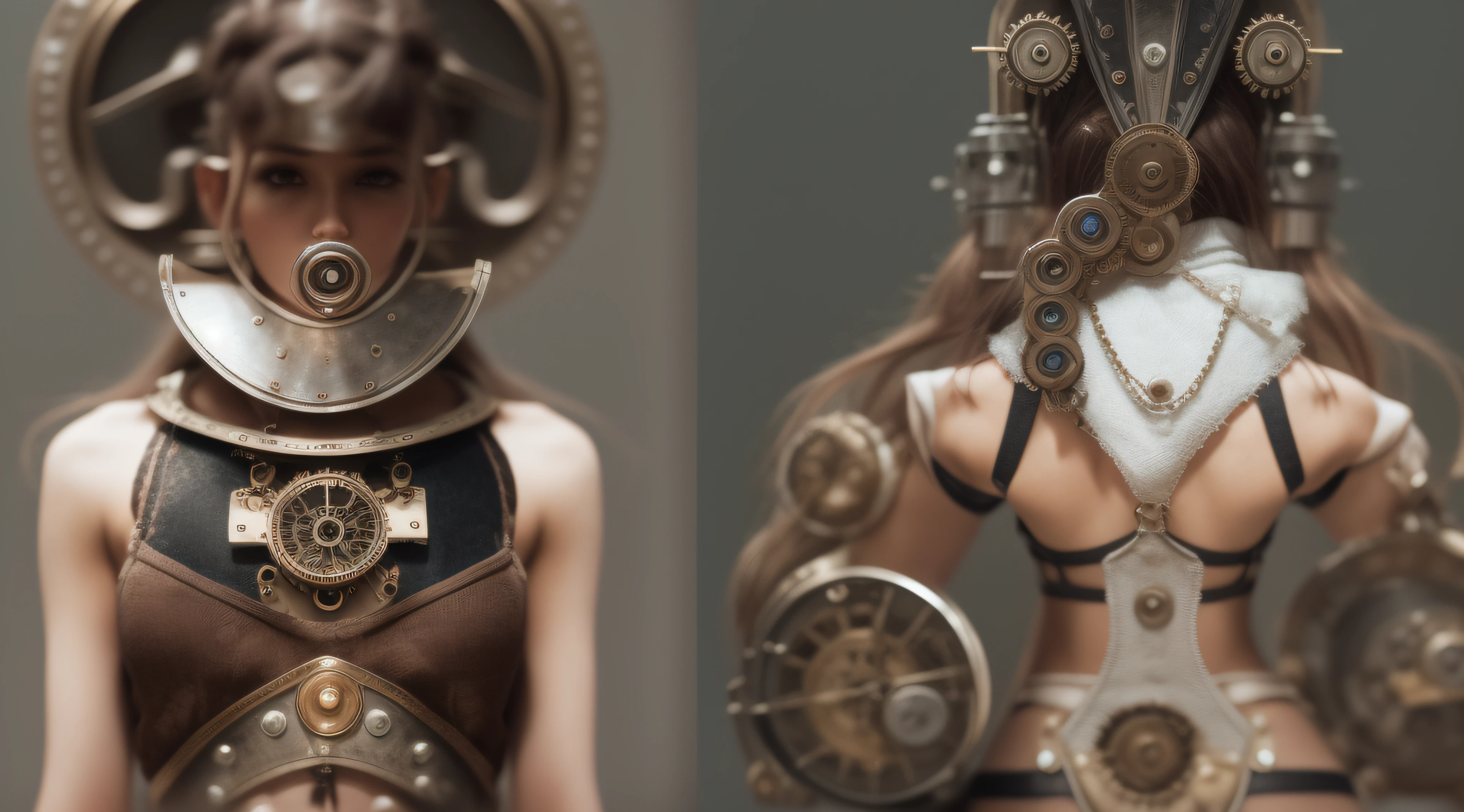 RAW photo,  a fashion model, walk on runway, steampunk style, (photo-realistic:1.5), (RAW photo, 8k uhd, film grain), extremely delicate and beautiful, highres, sharp focus, extremely detailed, masterpiece, cinematic lighting, (high detailed skin:1.2), dslr, soft lighting, high quality, film grain, Fujifilm XT3