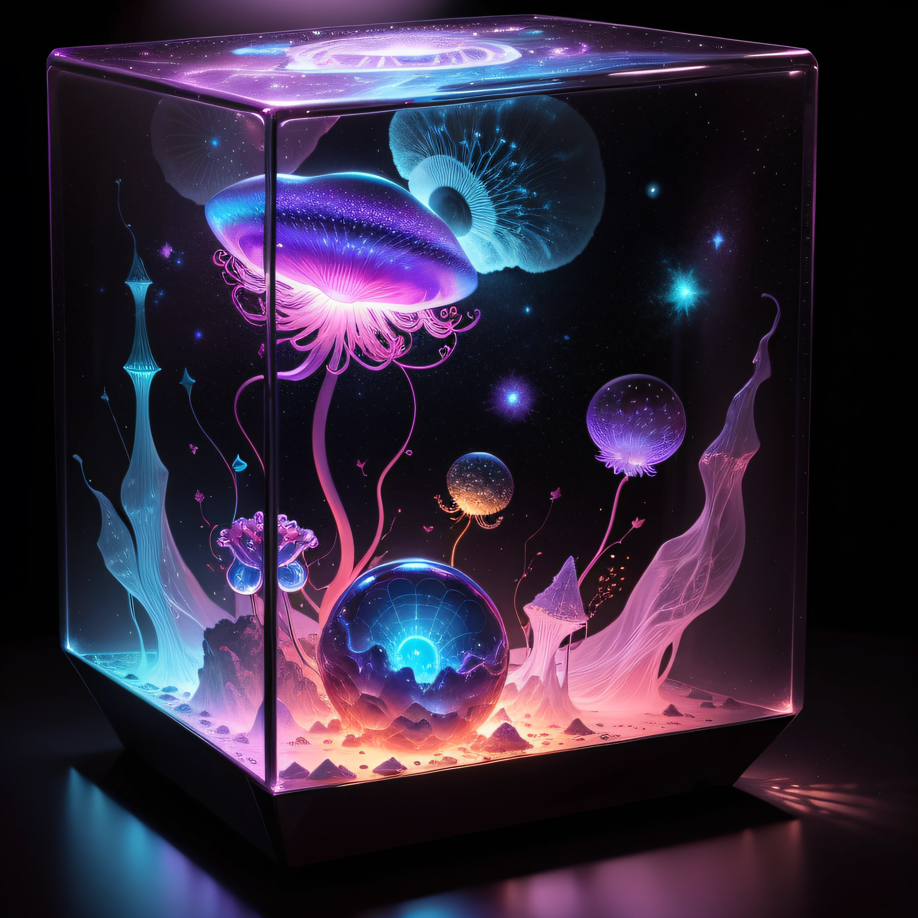 sci-fi cosmic diarama of a quasar and jellyfish in a resin cube, volumetric lighting, high resolution, hdr, sharpen, Photorealism