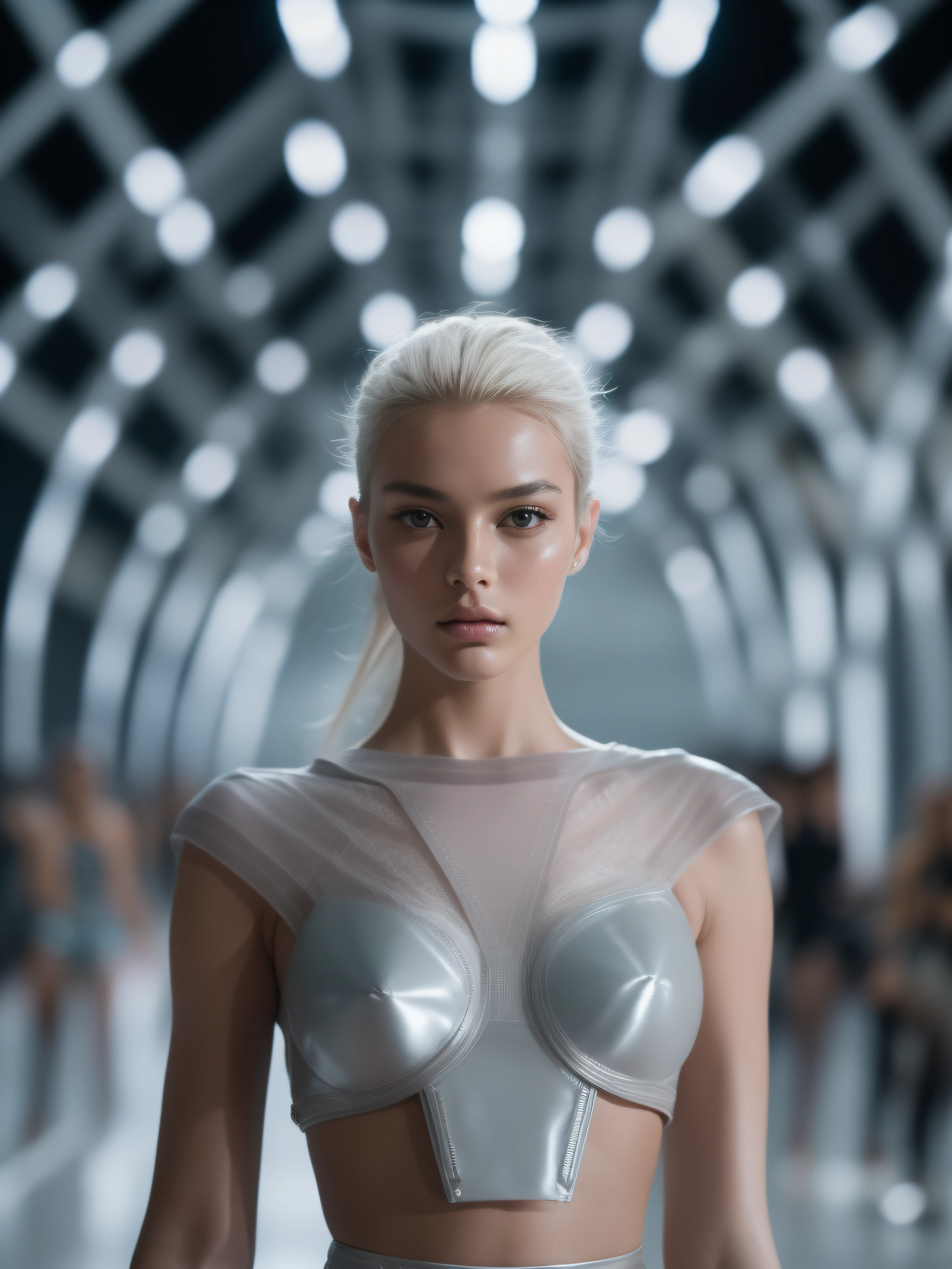 RAW photo,  a fashion model, walk on runway, futuristic style, (photo-realistic:1.5), (RAW photo, 8k uhd, film grain), extremely delicate and beautiful, highres, sharp focus, extremely detailed, masterpiece, cinematic lighting, (high detailed skin:1.2), dslr, soft lighting, high quality, film grain, Fujifilm XT3