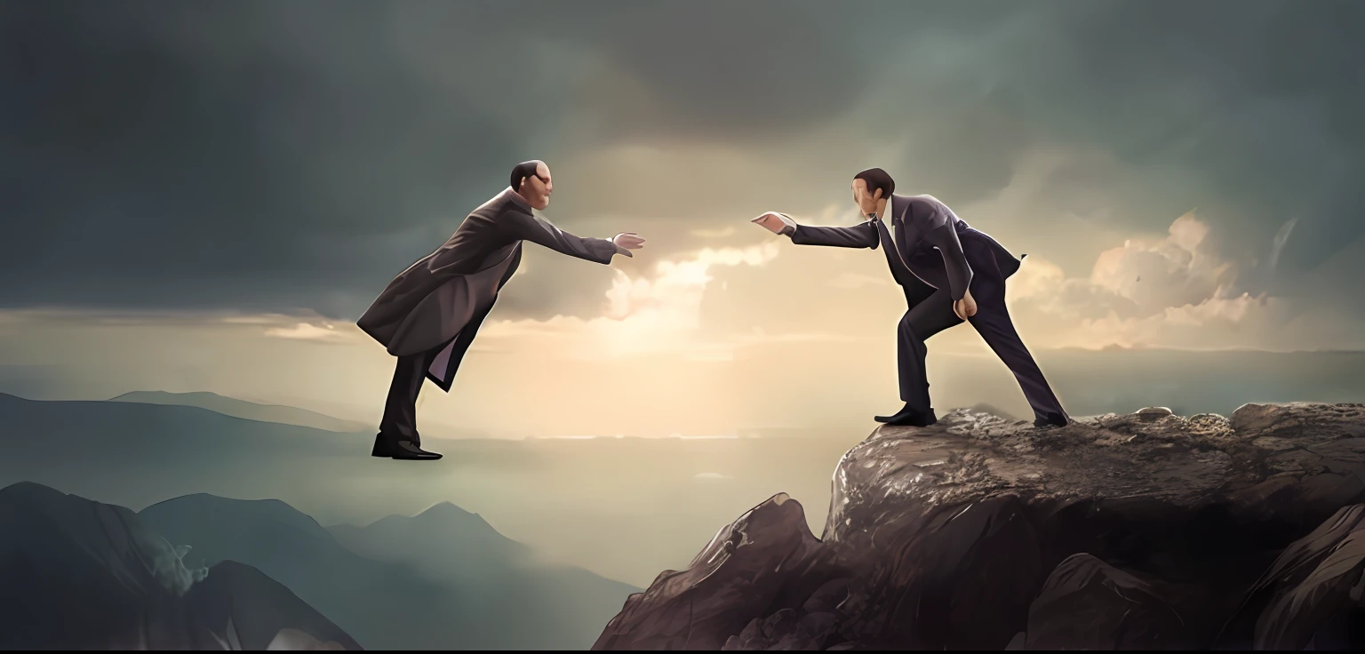 Two men in business suits standing on a cliff with their hands together, Sylvain Sarrail e Igor Morski, reaching out to each other, batalha entre o bem e o mal, brigando entre si, advertising photo, Imagem absolutamente excepcional, dramatic artwork, foto de marketing legal, Briga, o bem contra o mal, manipulacao, um de frente para o outro, o bem contra o mal, briga de punhos