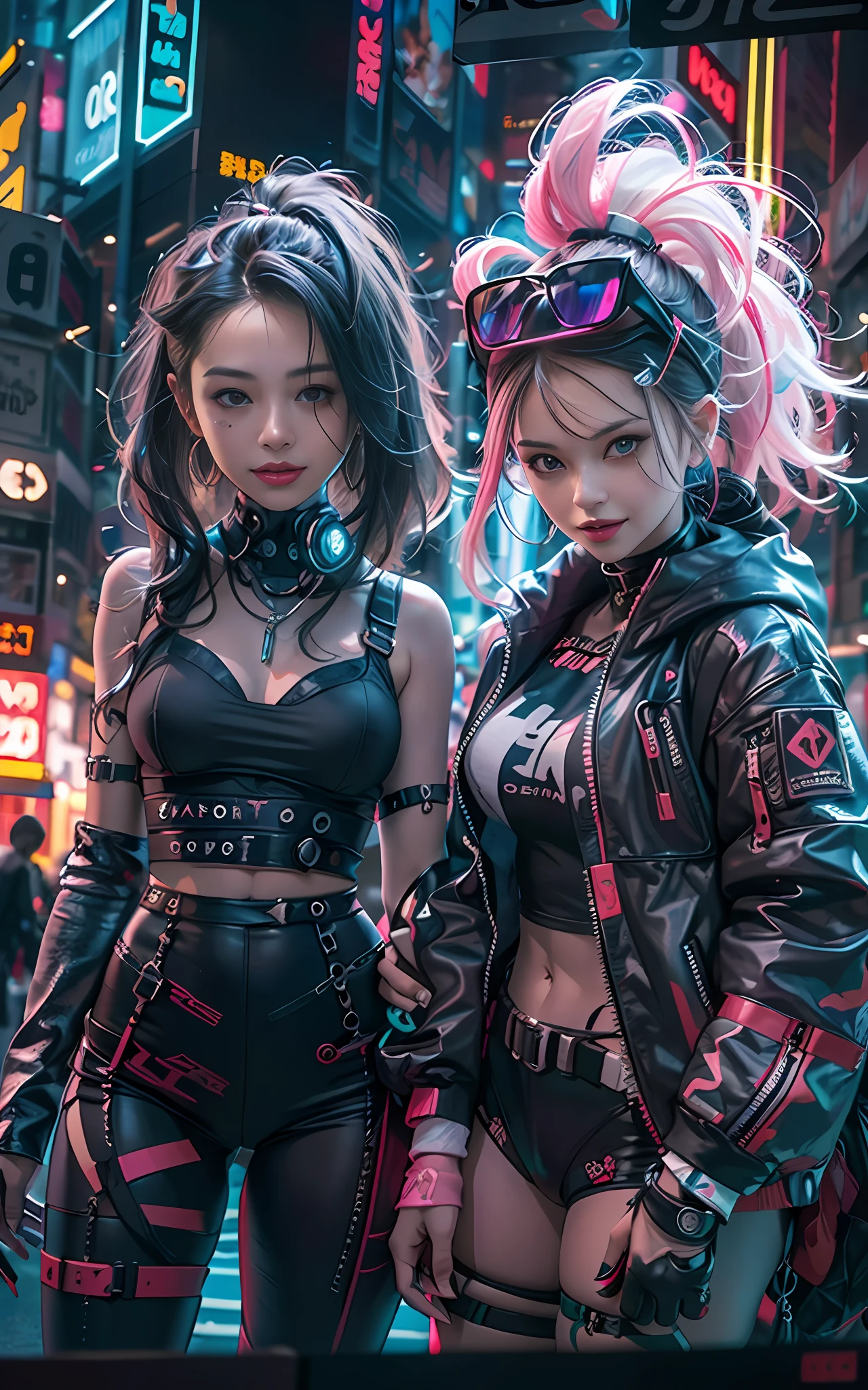 masterpiece, best quality, 2 ((smiling)) cyberpunk girls standing together, Harajuku-inspired cyberpunk body harness, bold colors and patterns, eye-catching accessories, trendy and innovative hairstyle, dazzling Cyberpunk cityscape, skyscrapers, neon signs, LED lights, bright and vivid color scheme, anime, illustration, detailed skin texture, detailed cloth texture, beautiful detailed face, intricate details, ultra detailed, cinematic lighting, dark shadows.