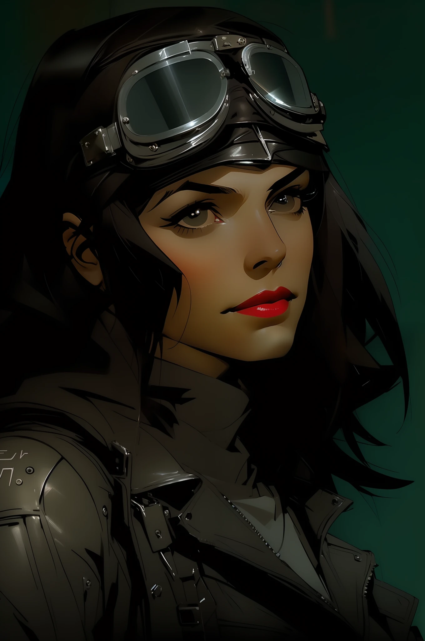 Well-lit scene of a woman wearing a leather jacket and aviator glasses with a dark lip, olhar dieselpunk, Jantar claro, Atmosfera dieselpunk, Dieselpunk, Estilo Dieselpunk, dieselpunk setting, dieselpunk soldado , 1920s dystopian retro vibe, meninao, Estilo de arte Dieselpunk, inspirado em Peter Lindbergh, Mad Max Inspirado, inspirado em Rocketeer, fotografia de personagens, day lighting