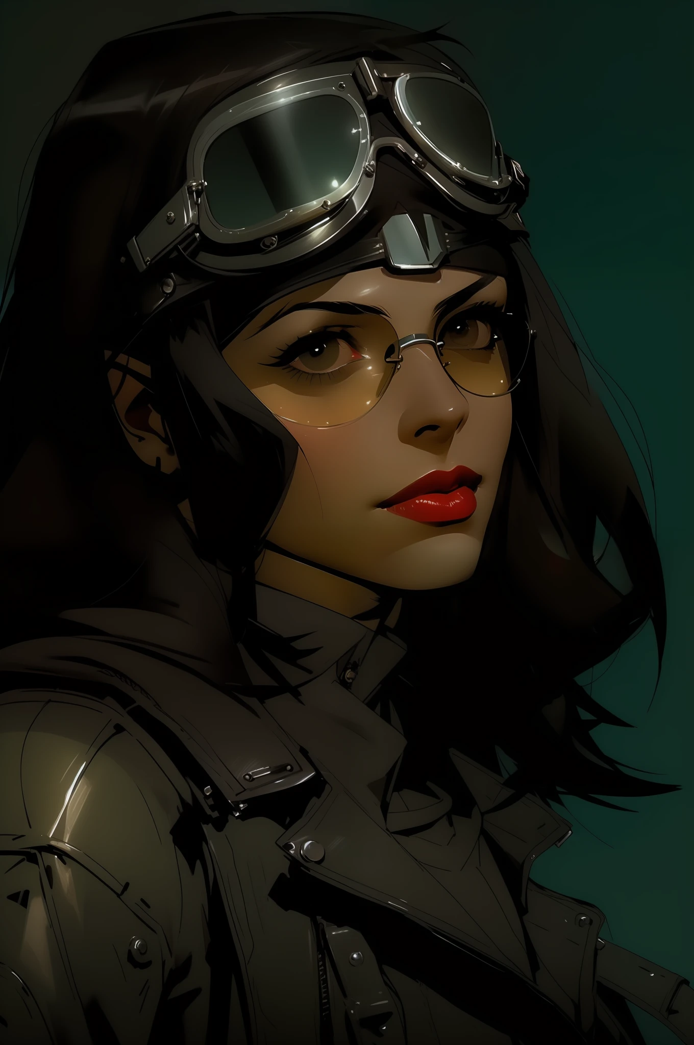 Well-lit scene of a woman wearing a leather jacket and aviator glasses with a dark lip, olhar dieselpunk, Jantar claro, Atmosfera dieselpunk, Dieselpunk, Estilo Dieselpunk, dieselpunk setting, dieselpunk soldado menina, 1920s dystopian retro vibe, menina piloto, Estilo de arte Dieselpunk, inspirado em Peter Lindbergh, Mad Max Inspirado, inspirado em Rocketeer,  fotografia de personagens, day lighting