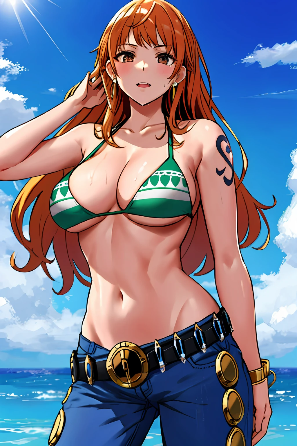 detailed background, masterpiece, 4k, best quality, late youth, adult, wrestler body, 1girl, active, energic, uppercut, (large mouth) , solo, nami \(one piece\), 1girl, bangle, (very wet, drenched in sweat, sweat all over body, very wet hair, tired, taking breath, open mouth, hand on stomach, sweaty face, sweaty body), perfect detailed face, bold drawing lines, muscular arms, detailed bold arm lines, flat jaw, adult woman, wavy wide streaked bangs, floating bang streaks, (big cheeks), bare shoulders, off-shoulders, belt, bikini, bikini top only, blue sky, bracelet, springy breasts, breast lines, big round eyes, plain big brown shiny eyes, bubbles, high eye position, cleavage, cloud, day, denim, earrings, floating hair, shiny hair, green belt, green bikini, bold groin lines, jeans, jewelry, medium breasts, log pose, long hair, looking at viewer, navel, wet hair, orange hair, pants, shoulder tattoo, sidelocks, sky, solo, standing, stomach, swimsuit, tattoo , looking at viewer, open mouth, detailed left arm, big forehead, hourglass figure, small head, toned body, wide hair, wind effect, sun effect, under the sun, narrow small ears angle, older, random poses,