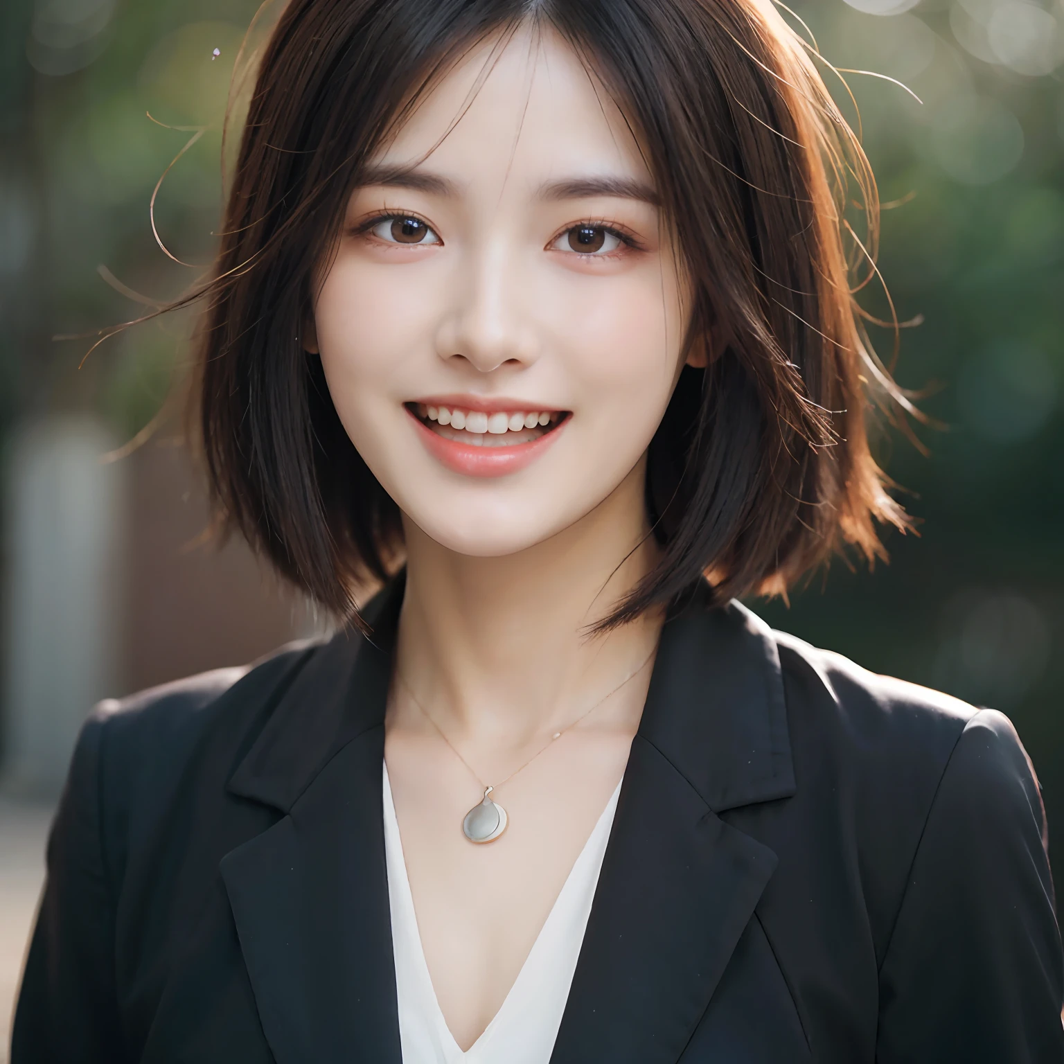 Dressed, (photographrealistic:1.4), (Hyper realistic:1.4), (Realistic:1.3), (Smoother lighting:1.05), (increase cinematic lighting quality:0.9), 32K, 1girl in,25-years old, Realistic lighting, Backlighting, Light on Face, raytrace, (Brightening light:1.2), (Increase quality:1.4), (Top quality real texture skins:1.4), finely detailed eyes, finerly detailed face, (tired and sleepy and joy:0), (Laugh:1.4), Black Suit,a necklace, (Increase body line mood:1.1), (Increase the beauty of skin texture:1.1)