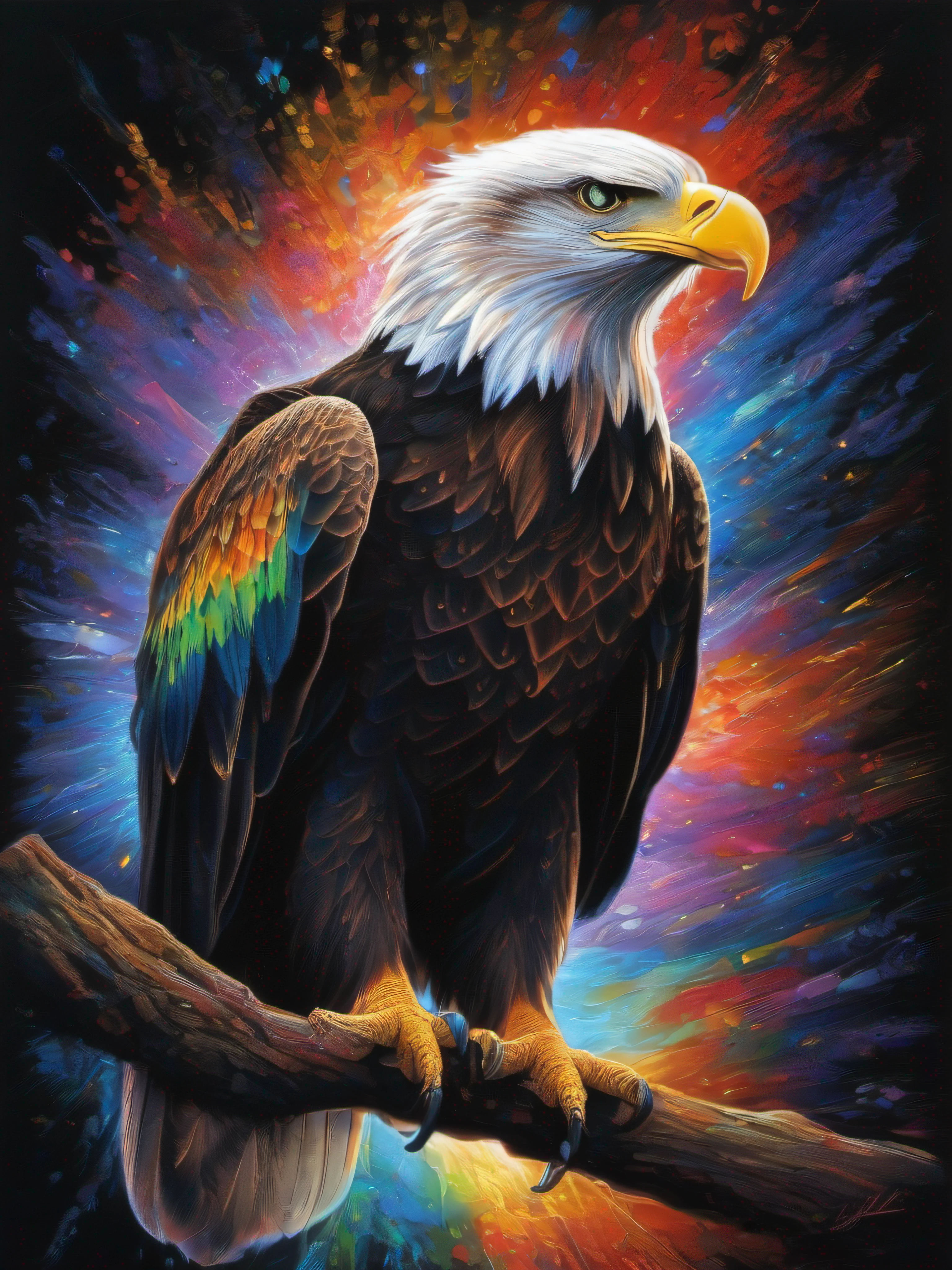 A painting of a colorful eagle on a black background,, breathtaking rendering, dans une connexion rayonnante, inspired by Kinuko Y. Craft,, Magical elements, Kitten icon, wow, est magnifique, jetant un sort multicolore, flash lumineux, flash, without signature