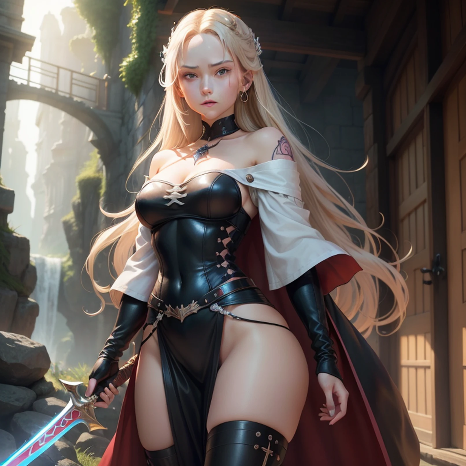 Anime girl in white dress with red cloak and sword, anime style like fate/Stay Night, Artorian Pendragon, edelgard fire emblem, blonde anime girl with long hair, edelgard from fire emblem, Detailed key anime art, official artwork, blonde - haired princess, a sexy maid in a magical forest, cushart krenz key art feminine, of the highest quality, masutepiece, Ultra high definition, (reality: 1.4), Original photo, 1girl in, Brown eyes, Off-shoulder, Cinematic lighting, Big, Dark eyeliner, Brown hair, Necklace, Piercing, Abs, Backshots, Back, of the highest quality, masutepiece, Ultra high definition, Original photo, 1girl in, Brown eyes, Off-shoulder, Big, Dark eyeliner, Brown hair, Wind, Necklace, Piercing, Bracelet, Abs, backshots, Lori huge breasts cleavage,Shy face,Bob Head,Thin shirt,Didn't wear panties,Bare legged, Pink Theme,sitted,White skin of the, Soft light,With pink hair,Pink eyes,thick thight,sexy for, (/(Castlevania/)styles:1.3),(1 persons,Futanari,hermaphroditism:1.5),(Thinness,being thin:1.3),(pale skin,Light gray skin tone:1.3),(short detailed hair),(Gray eye:1.3),((Outfit in black,Blackn clothes),Leather costumes,Rouge costume,trouser,long boots:1.5),(Take a knife),Night sky on background/(Punky style),tmasterpiece,best qualtiy,ultra - detailed, depth of fields,hyper realisitc,poster for, illustratio,Cinematic Light,Atmospheric shots,Attractive body proportions,High saturation images,Very sharp characters,many small details,detailed iris of eyes,(Ruin background,detailedbackground,during night:1.2),(blood splashing,Knives:1),Ear studs,Tongue stud,nose studs,tattooed,Japanese Katana Sword