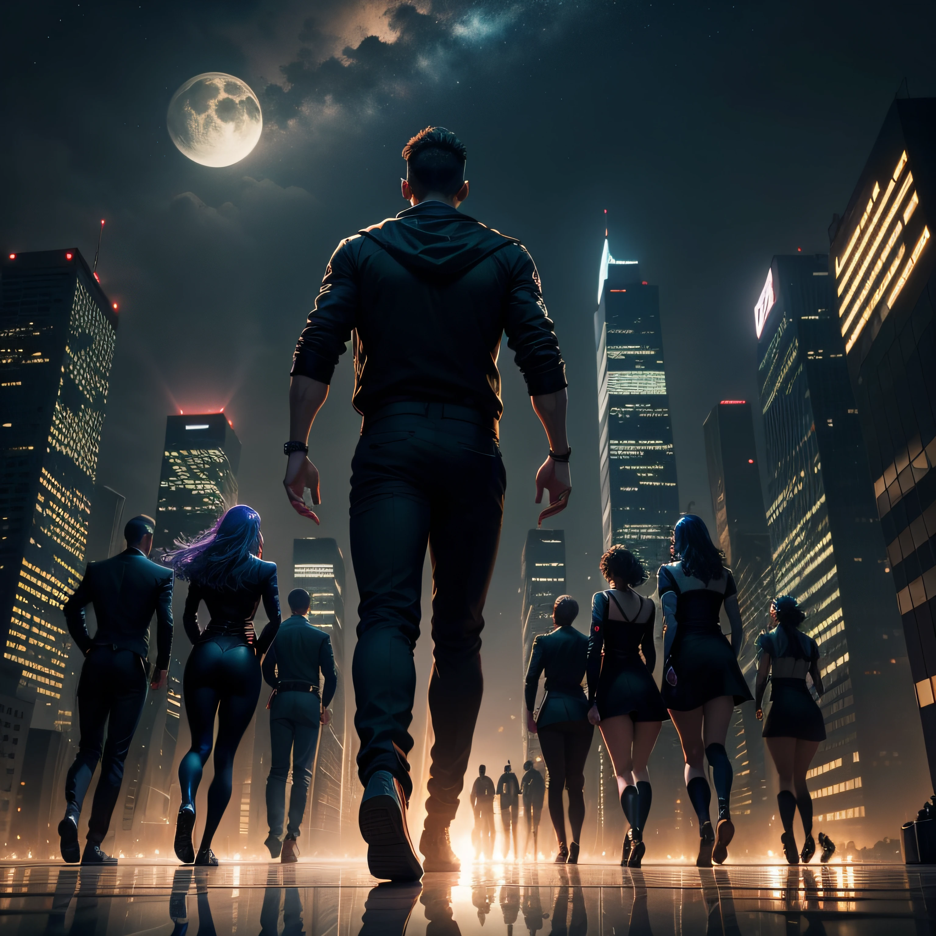 Crie uma cena noturna em cima de um telhado de uma cidade, with skyscrapers and bright lights in the background. No centro da capa, Draw the 8 young people running in formation, with 4 men in front and 4 women in the back. They should be in dynamic poses, showing off your unique abilities and powers. Por exemplo, um dos homens pode estar saltando alto, with a trail of fire behind him, enquanto uma das mulheres manipula as sombras ao seu redor.
Utilize uma paleta de cores noturnas, com tons de azul escuro, roxo e preto, para transmitir a atmosfera misteriosa e perigosa do livro. Adicione detalhes sutis de luz, like the moon shining in the sky or the reflections of city lights on the roofs of buildings.
The typography of the book title should be impactful and easy to read, positioned to complement the composition of the cover.