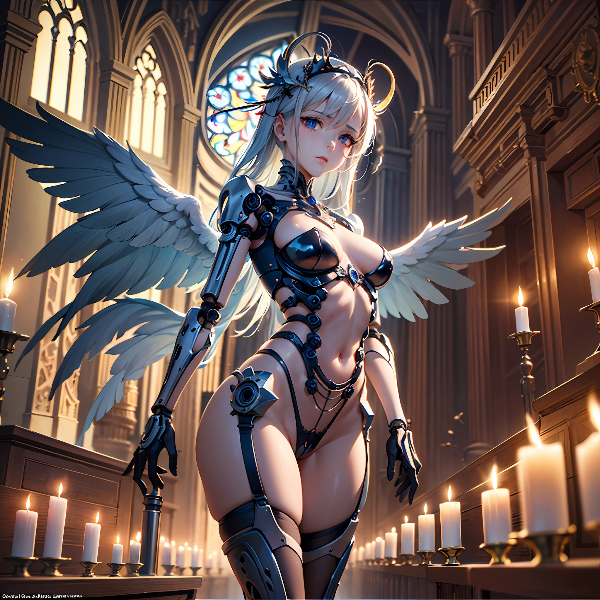 (masterpiece), (top-quality), (top-quality), masterpiece, (High Definition CG Illustration), ((extremely delicate and beautiful)), (Since a while ago), Cinematic Light, Grotesque Machine Girl, super realistic details, portlate, globalillumination, ultra-sharp, Convoluted, ornaments detailed, cold color, metals, highly intricate detail, Realistic light, radiant eyes, neon details, Mechanical limbs, blood vessels connected to tubes, Pipe connected to the crotch, Mechanical vertebrae attached to the back, mechanical cervial attaching to the neck, Wires and cables connecting to the head, Smaller breasts, Small-eyed buttocks, ((lamentation)), ((Angel wings)), Emphasis on mechanical skeleton, (((Emphasis on mechanical interiors))), (Put a little emphasis on mechanical bones) ,teats, No pubic hair, (((realisitic))), Interior of the Church Cathedral at night lit by candles, Tears of blood, Soft breasts and buttocks and face, First round to, a beauty girl
