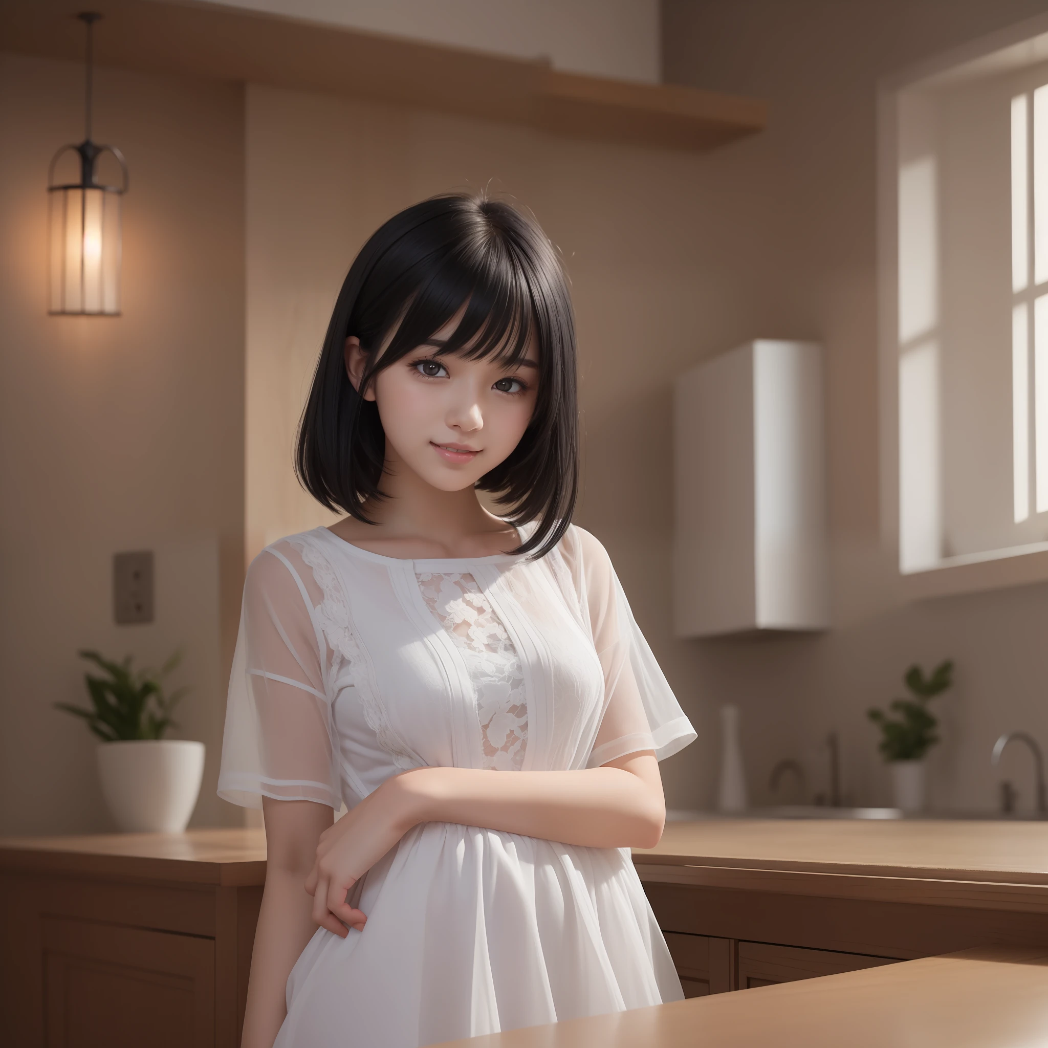 Image of beautiful teenage girl with top quality CG illustration。In high resolution、Beautiful fine details、tranquil atmosphere。(((Black Hair Bob Hair)))、Cute smile with mouth closed。Girl in white light short sleeve dress standing in room。