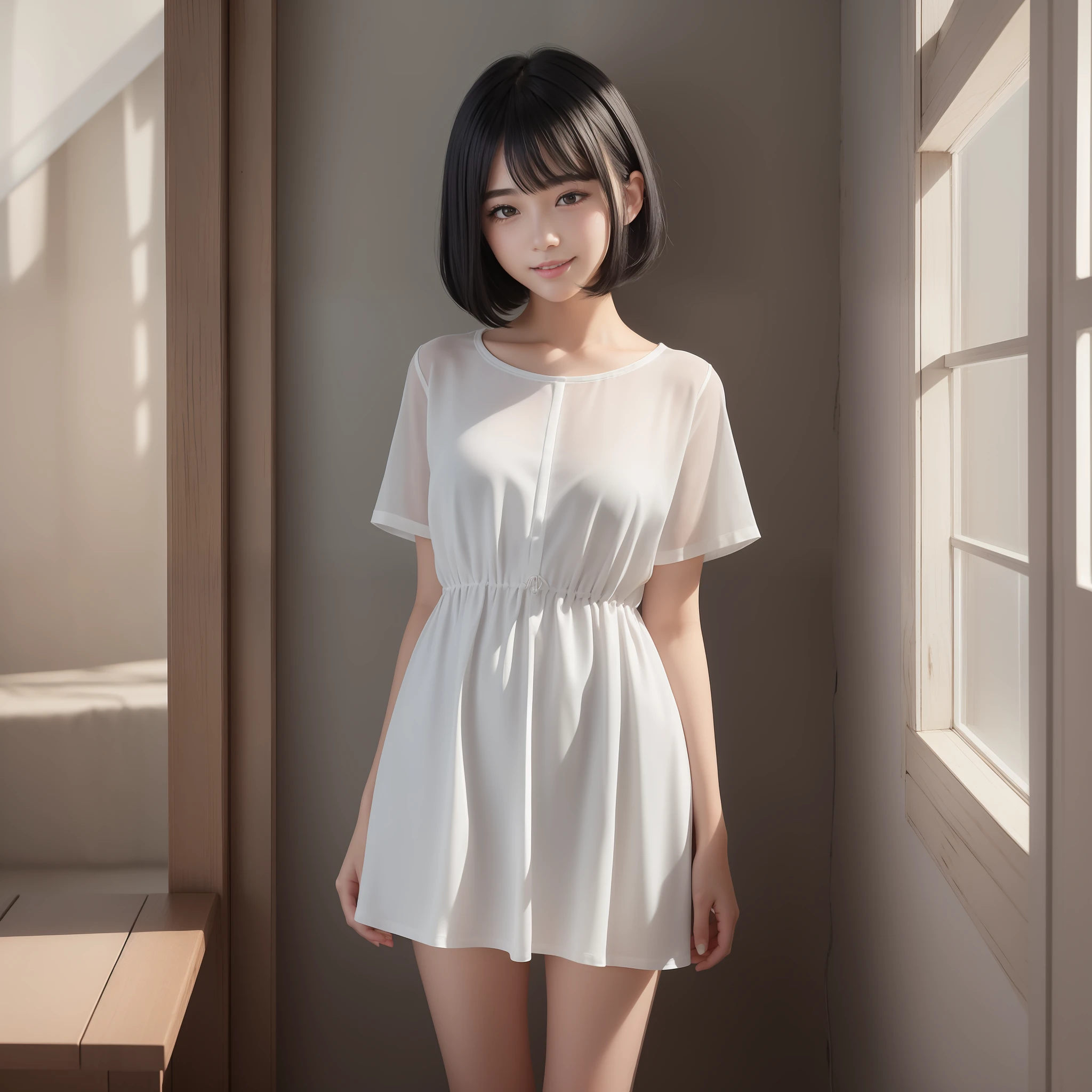 Image of beautiful age girl with top quality CG illustration。In high resolution、Beautiful fine details、tranquil atmosphere。(((Black Hair Bob Hair)))、Cute smile with mouth closed。Girl in white light short sleeve dress standing in room。