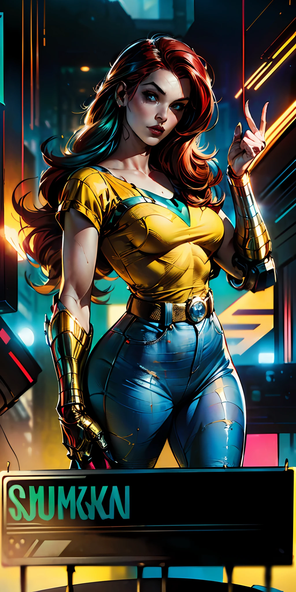 American World War II poster, Gil Elvgren style ((detailed skin)) (((A young woman with long size straight red hair in superhero pose with yellow T-shirt and blue jeans))) ((detailed outfit entirely red with gold)) (cars in the background of the image) (((robotic left arm)) (((cyberpunk arm))) adobe lightroom, hero uniform, 1 girl,  Solo, good body, small breasts, side light, poster art style. 1980s, 1950s, 1960s, 1940s, basic color scheme, very colorful poster, colorful art, third rule, inspiring, woman, 1 40-year-old woman, hair blowing in the wind, looking at the viewer, blurred background, curvy body, green eyes