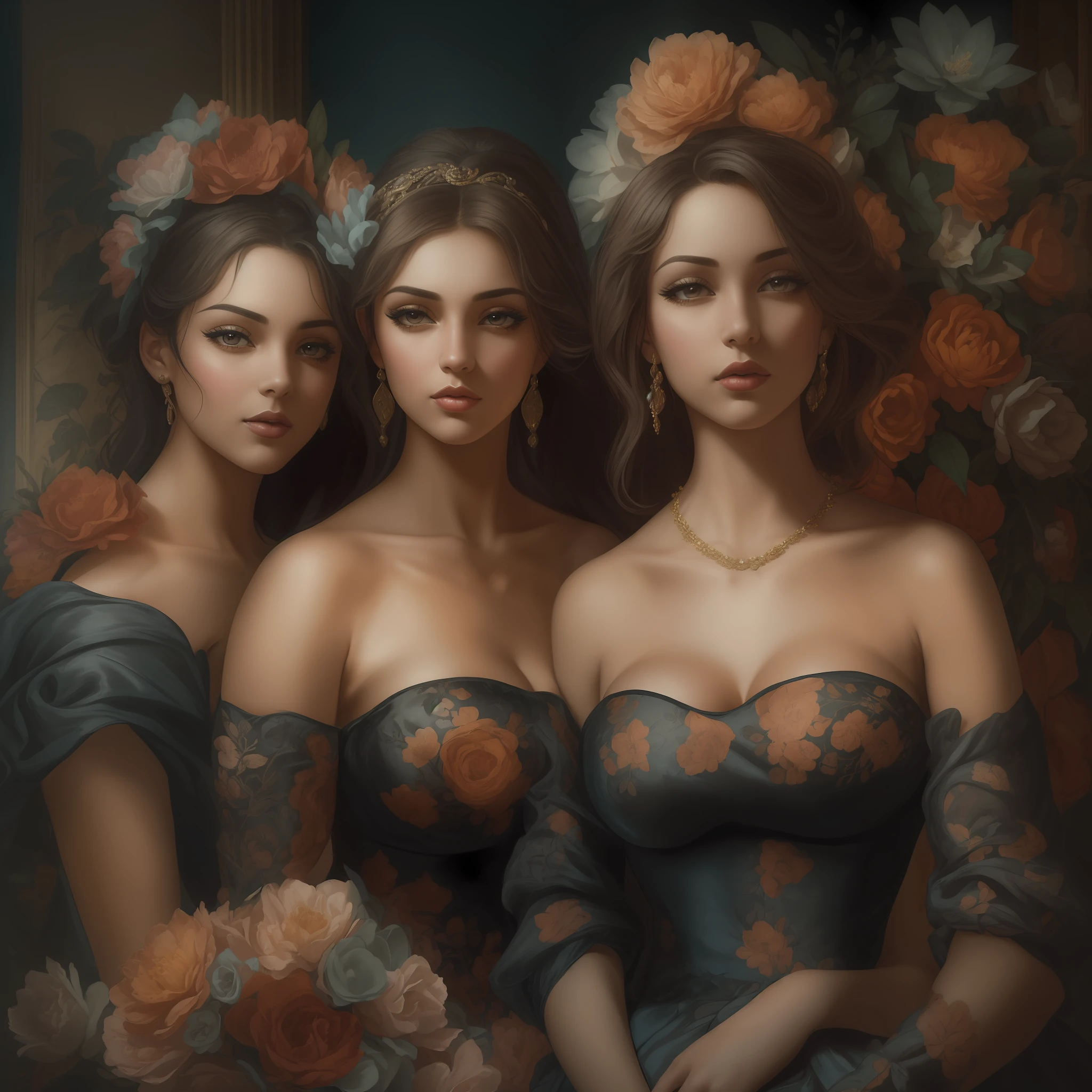 ortrait, masterpiece, best quality, (dark theme, limited palette: 1.5), (sisters, four women),(highly detailed),(perfect face),((eyelashes)),(realistic), full lips, they is depicted in her (((strapless silk dress))) costume. they has (((average breasts))), (thick thighs), ((curvy hips)), dance hall, castle, colorful flowers on the floor