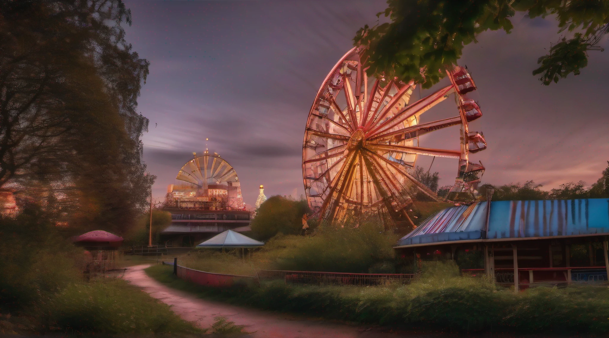 ((An abandoned amusement park)) reclaimed by nature, with rusted roller coasters and a carousel frozen in time, ((huge Ferris wheel)), (in the distance a large blurry city) 8k, sharp, masterpiece,