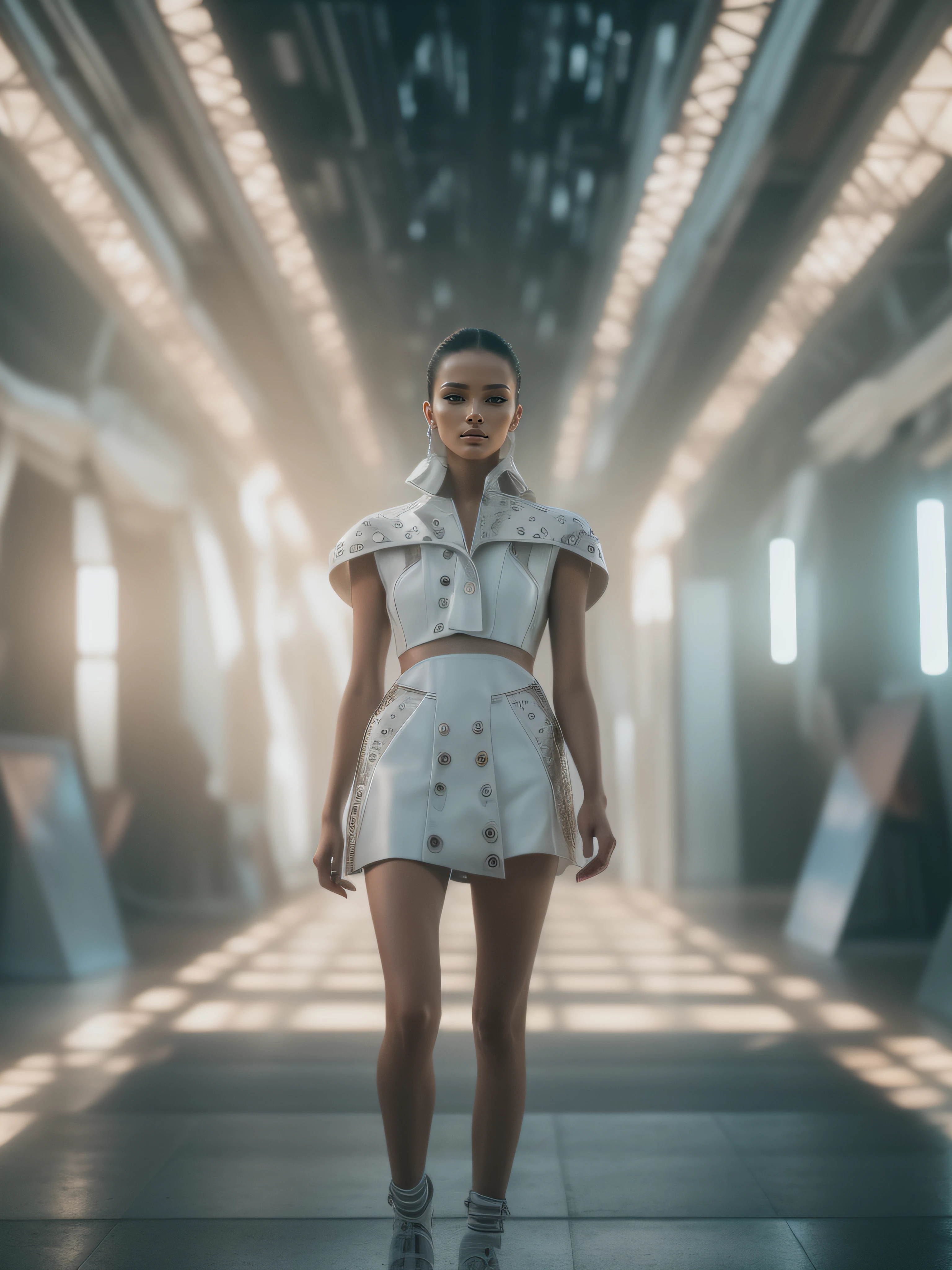 RAW photo, a fashion model, walk on runway, futuristic style, (photo-realistic:1.5), (RAW photo, 8k uhd, film grain), extremely delicate and beautiful, highres, sharp focus, extremely detailed, masterpiece, cinematic lighting, (high detailed skin:1.2), dslr, soft lighting, high quality, film grain, Fujifilm XT3