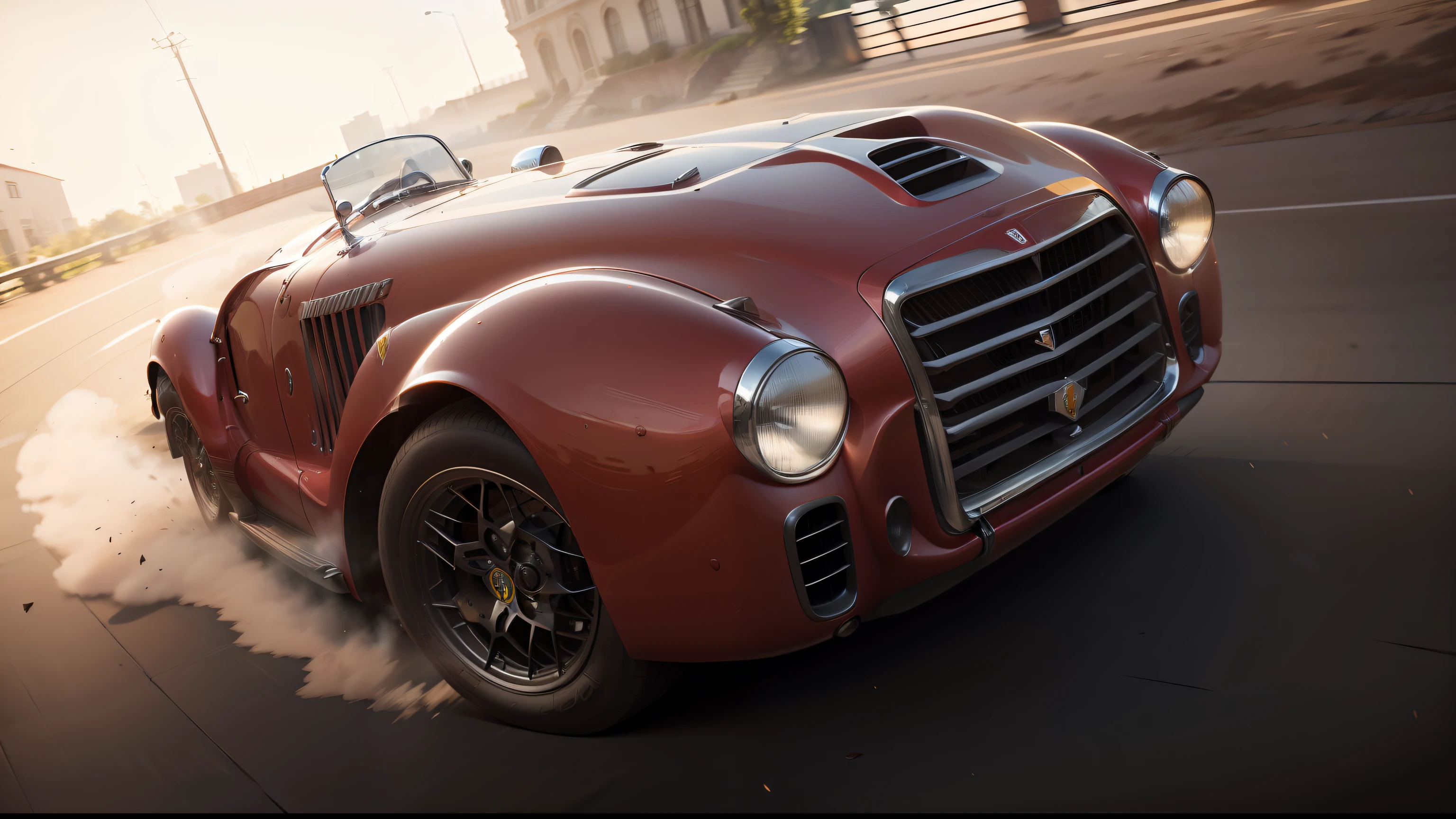Uma Ferrari vermelha brilhante 125S 1950 corre pela rua molhada, quase hiper-realista. The car is moving fast, com um desfoque de movimento em segundo plano. The car is highly detailed, com reflexos, sombras e texturas. The image is an artistic style and has a sense of movement. Dirigido por Greg Rutkowski.
