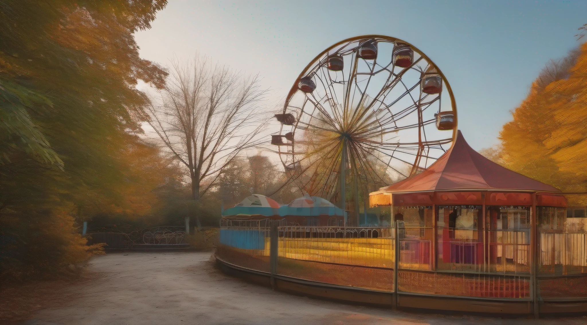 ((An abandoned amusement park)) reclaimed by nature, with rusted roller coasters and a carousel frozen in time, ((huge Ferris wheel)), (in the distance a large blurry city) 8k, sharp, masterpiece,