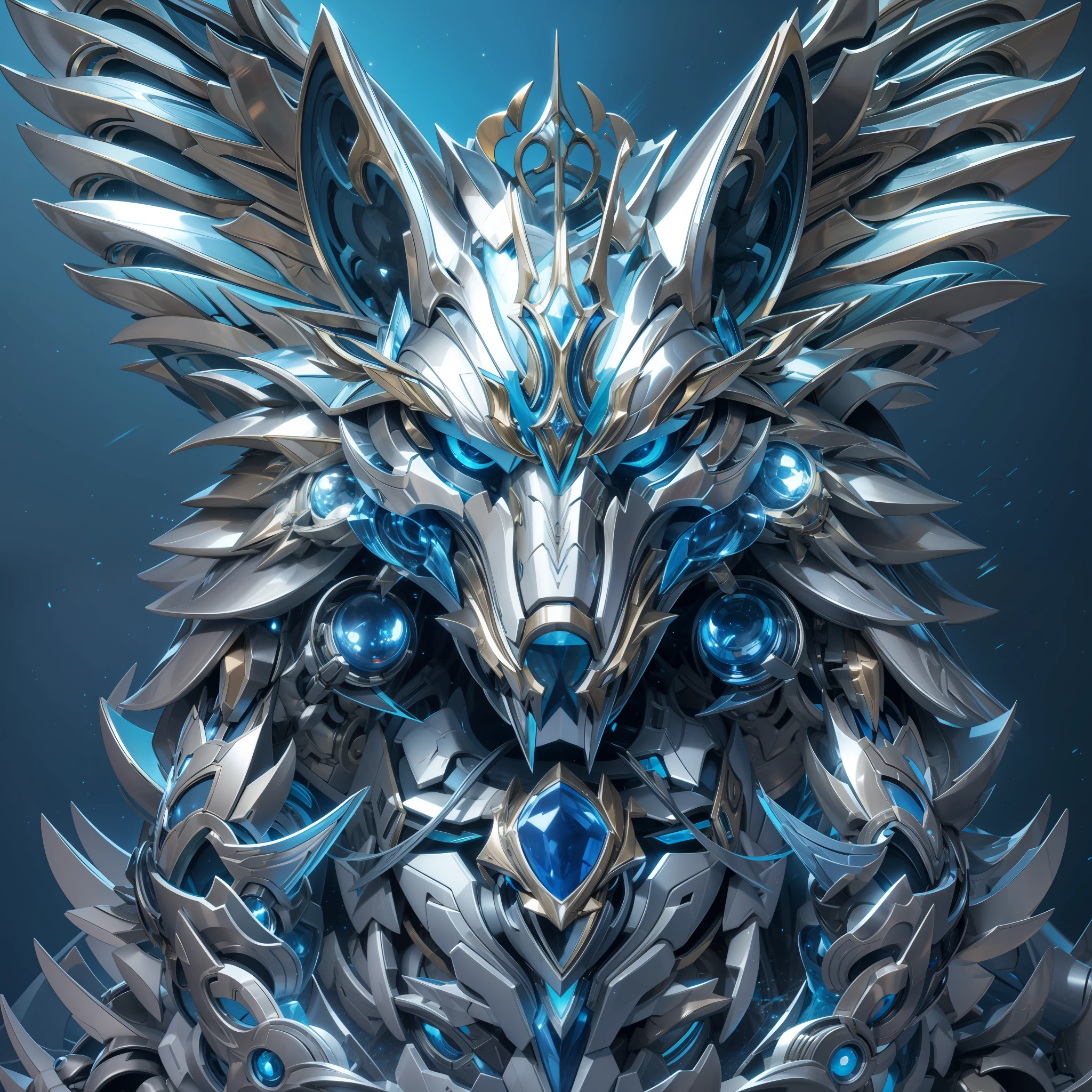 Cinematic light，metallic  luster，robotjoints，Meticulous metal wing，Wolf head，Blue-silver，realisticlying，blur backgroun