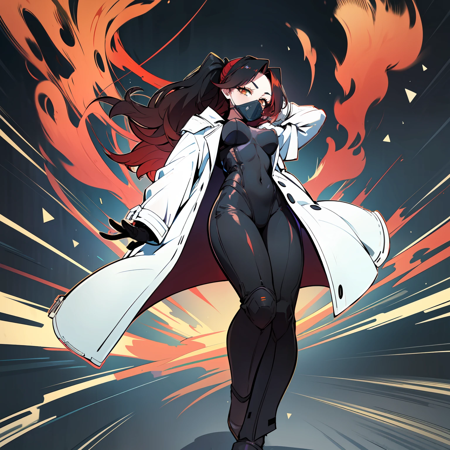 masterpiece, best quality, sharp focus, absurdres, ++ 1girl, coat, white coat, closed coat, black bodysuit, gas mask, mouth mask, decored mask, ((black hair)), (red hair), (gradient hair:1.2), forehead, ponytail, wavy hair, small , ember yellow eyes, bags under eyes, ++ MenacingJojo, text, dynamic pose, exagerated shadows, high contrast, full body shot, dutch angle, correct placed mask, (looking at viewer:1.1), galaxy scenery, spaceship