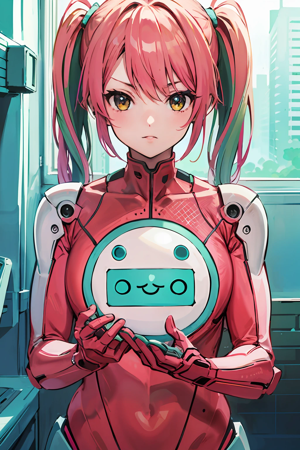(highres, best quality:1.2), 1girl, radiance, soft contours, beautiful drawing, kyoani haruhi style, ((masterpiece)), twintails, robot girl, neon green pink colors, android, cosmo
