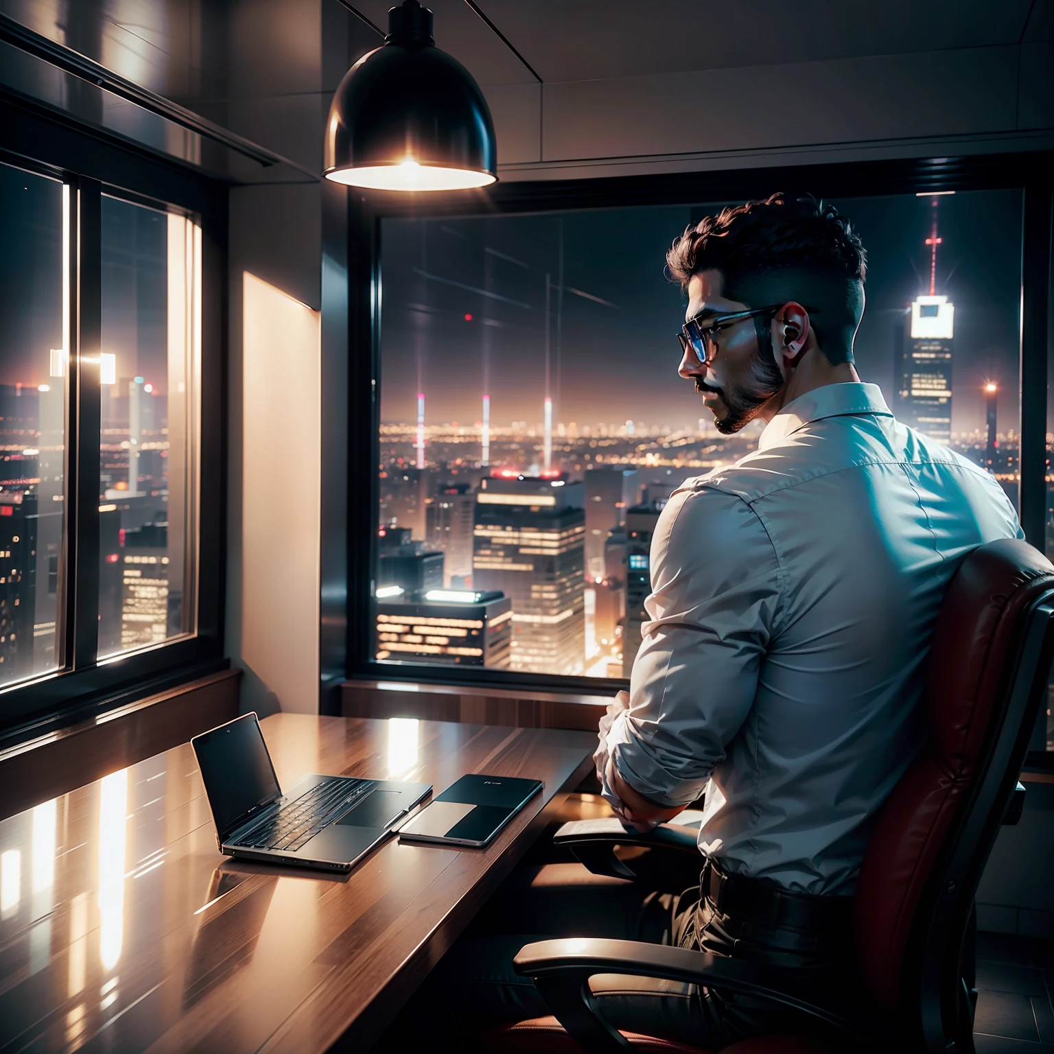 OBRA PRIMA ULTRA REALISTA, FOTO REALISMO, A VERY LARGE BUSINESS ROOM, IN A LUXURIOUS BUILDING WITH GLASS WINDOWS AND VIEWS OF THE ENTIRE CITY AT NIGHT, WITH A BUSINESSMAN TRADING ON HIS COMPUTER TALKING ON HIS MOBILE PHONE, NOTAS DE DINHEIRO EM CIMA DA MESA. LUZES CINEMATOGRAFICAS, Ultra Definition Image.