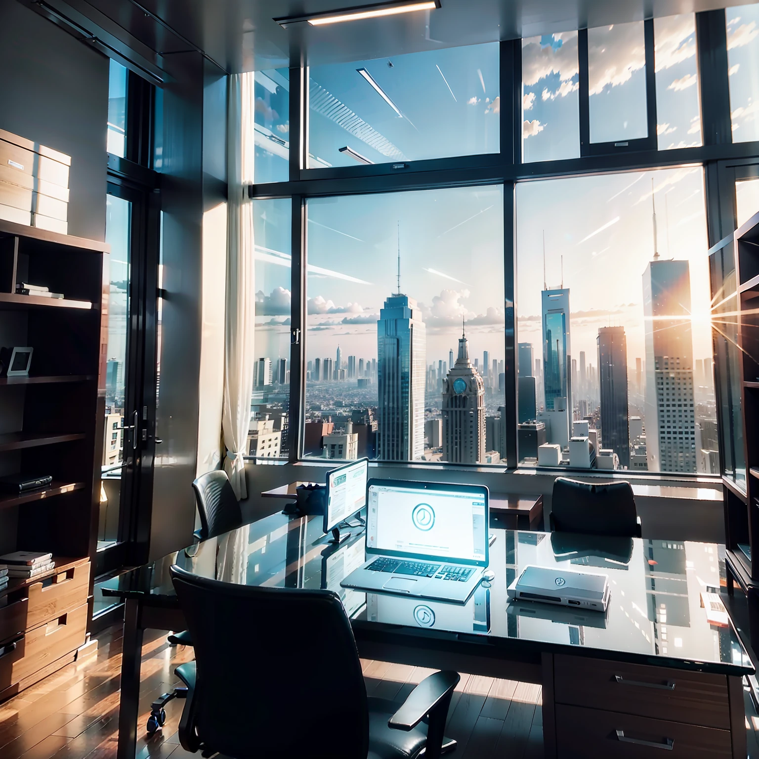 OBRA PRIMA ULTRA DETALHADA, A VERY LARGE BUSINESS ROOM, IN A LUXURIOUS BUILDING WITH GLASS WINDOWS AND VIEWS OF THE ENTIRE CITY, WITH SEVERAL BUSINESSMEN TRADING ON THEIR COMPUTER AND MOBILE PHONES