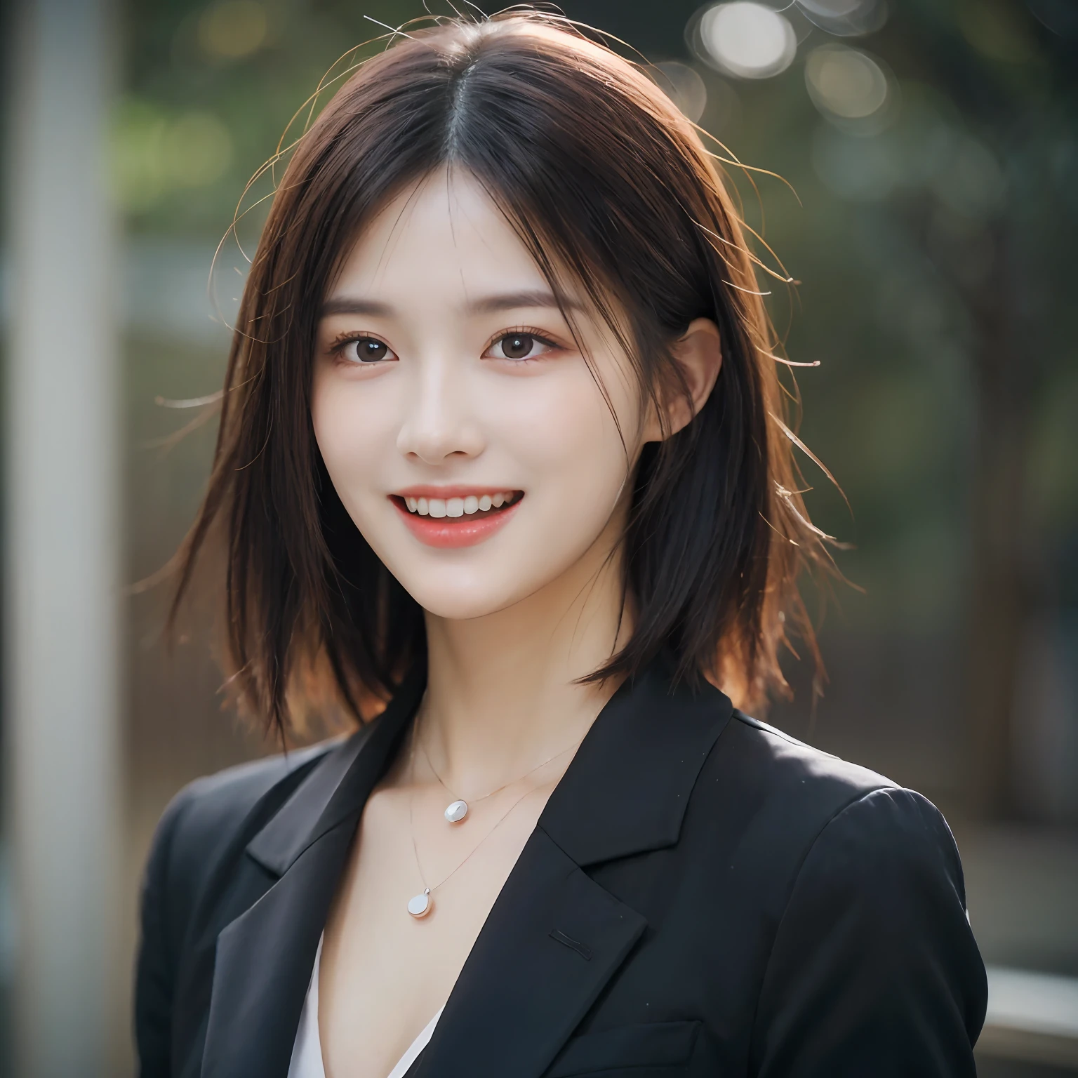 Dressed, (photographrealistic:1.4), (Hyper realistic:1.4), (Realistic:1.3), (Smoother lighting:1.05), (increase cinematic lighting quality:0.9), 32K, 1girl in,25-years old, Realistic lighting, Backlighting, Light on Face, raytrace, (Brightening light:1.2), (Increase quality:1.4), (Top quality real texture skins:1.4), finely detailed eyes, finerly detailed face, (tired and sleepy and joy:0), (Laugh:1.4), Black Suit,a necklace, (Increase body line mood:1.1), (Increase the beauty of skin texture:1.1)