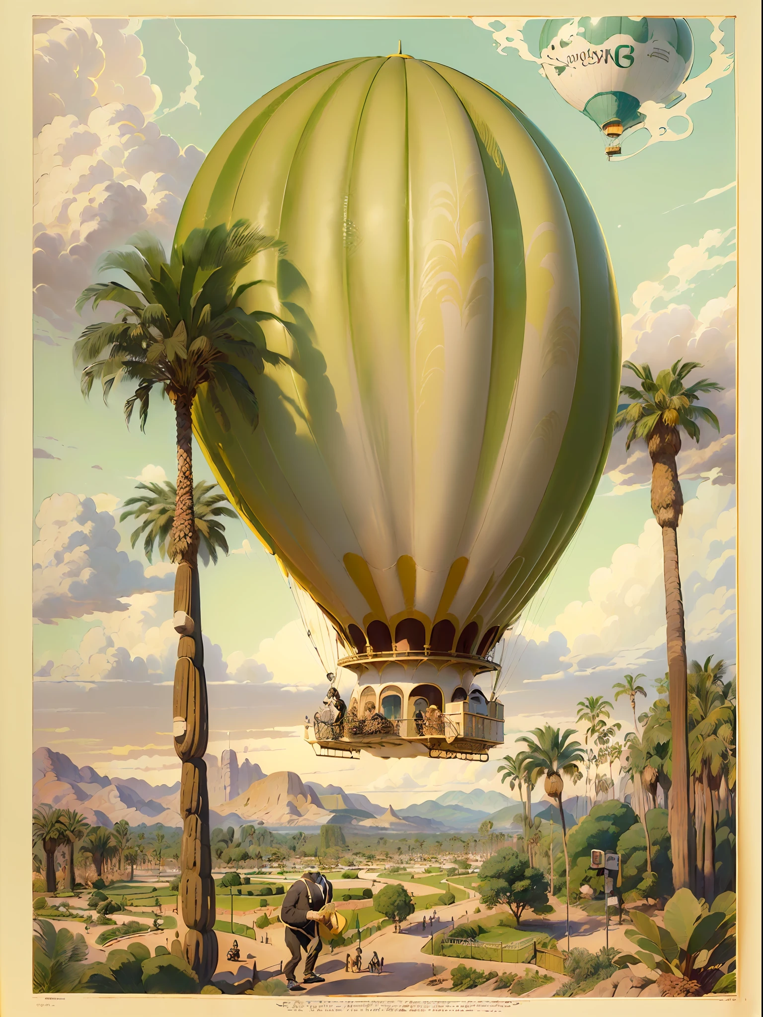 (((melhor qualidade)),, An illustration with a banana-shaped blimp flying over phoenix canariensis palm trees (((blimp with chimpanzee head)),,,(((muitas palmeiras phoenix canariensis))) ,,, Hot steam balloons, Sky with fluffy clouds,, sharp foccus ilustration, hiper-realismo, finely detailed illustration, inspirado em Charles W. Bartlett, scientific illustration, campo de profundidade, cauda de fluxo longo, full-colour illustration, Adepto de Silvergill, gravura em litografia colorida, por Charles W. Bartlett, a hyper-realistic illustration of, jules julien, Tiago Collinson, por Tim Hildebrandt