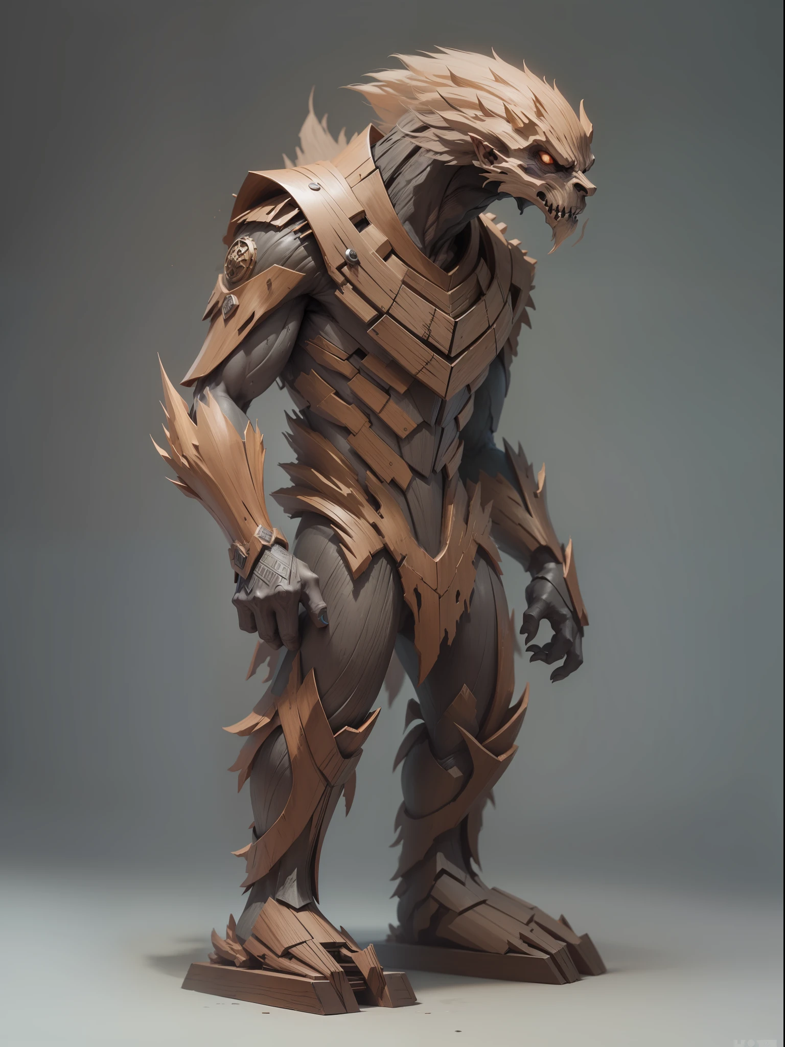 Wooden Monster, powerfull, similar to Groot, Mix of a man and a wooden monster, Wooden armor, Character design, hiquality, crisp detailing, ((((Full-length)))), (((MATTE GRAY BACKGROUND)))