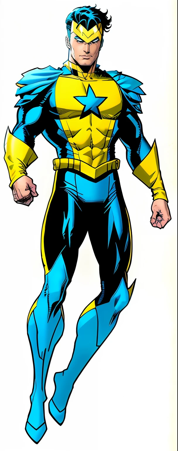 Concept art of a man in a yellow and blue costume, omniman vs invincible, phil jimenez, ethan van sciver, jason fabok. greg staples, comic book character, blue and yellow hero, white eyes, jason fabok, yellow hero costume, invincible, full body close-up shot, russell dauterman, open white eyes, star on chest, star logo