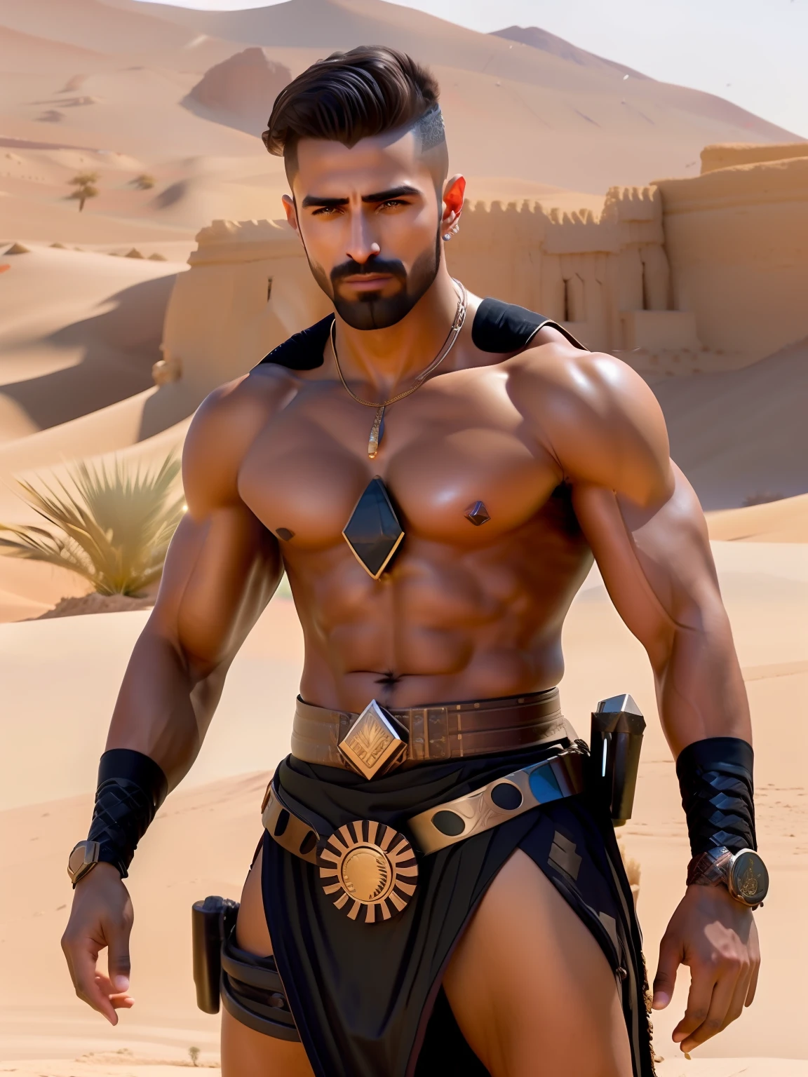 fking_scifi, fking_scifi_v2, portrait of a young, muscular very handsome and attractive Arabic warrior man, in front of an sand desert, long messy hair, hairy body, rich colorful and golden jewelry, close up, regal pose and attitude. fking_cinema_v2.