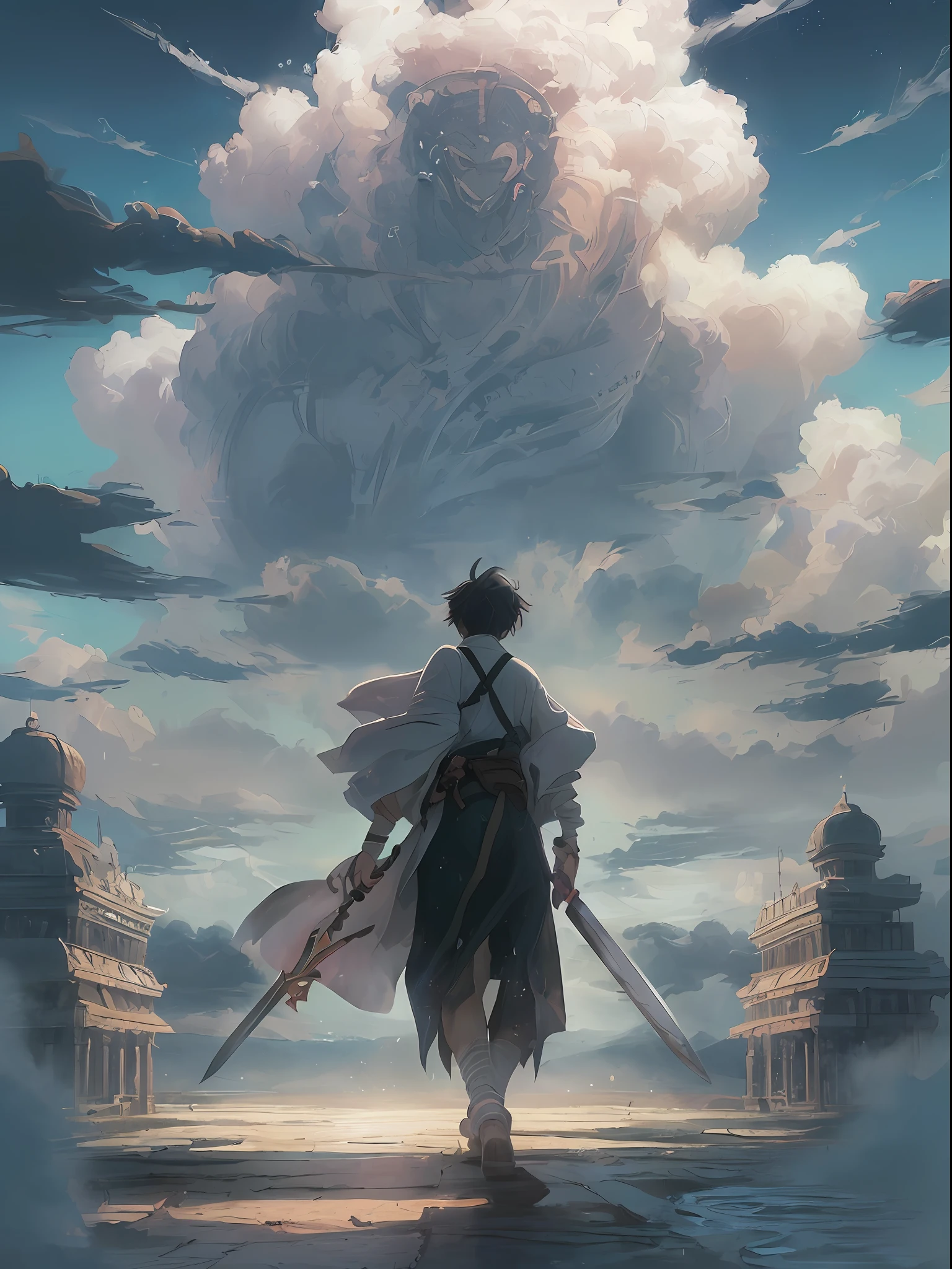 ((masterpiece, Top Quality)), (Highly detailed CG Unity 8k wallpaper, masterpiece, Top Quality, A highly detailed, best shadows), (detailed backgorund), (Beautiful detailed face, Beautiful detailed eyes), High contrast, (Best Lighting, an extremely delicate and beautiful), (Anime Man : 1.2), ((A longsword walking on clouds, ripple, Background of the Dawn, Backshot, A doomed fantasy world, Low angle painting of the demon slayer, concept-art, the anime, Key Visuals, WLOP and Greg Rutkowski, Makoto Shinkai and Studio Ghibli's trendy PIXIV fanbox), ((falsetto)), dynamic angle, beautiful details glow, Hands, Knife, fantastical, With beautiful spirits