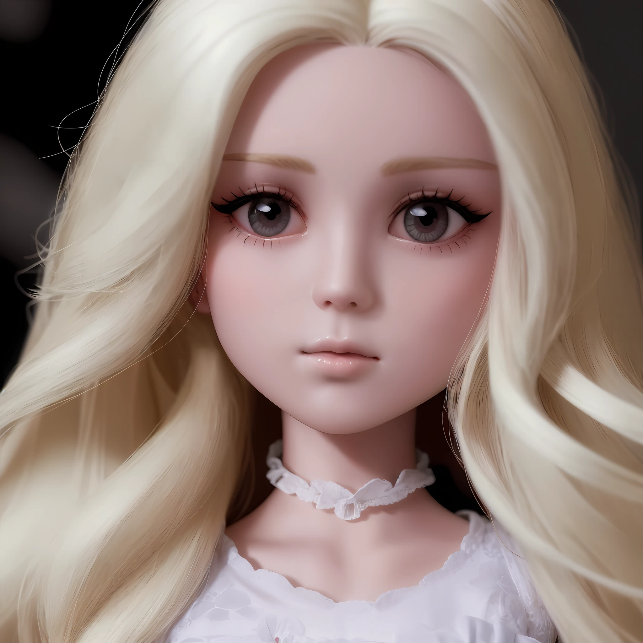 boneca barbie loira com longos cabelos loiros, ligeiro sorriso e um vestido de renda branco, longos cabelos loiros e olhos grandes, Well done eyelashes, boneca articulada da bola, longos cabelos loiros e olhos grandes, cabelos loiros e olhos grandes, skyboneca noa |, imagem detalhada, imagem detalhada, plastic doll, pale milky white porcelain skin, boneca barbie anime, Retrato da boneca Barbie, boneca, cara de boneca, porcelana pele branca