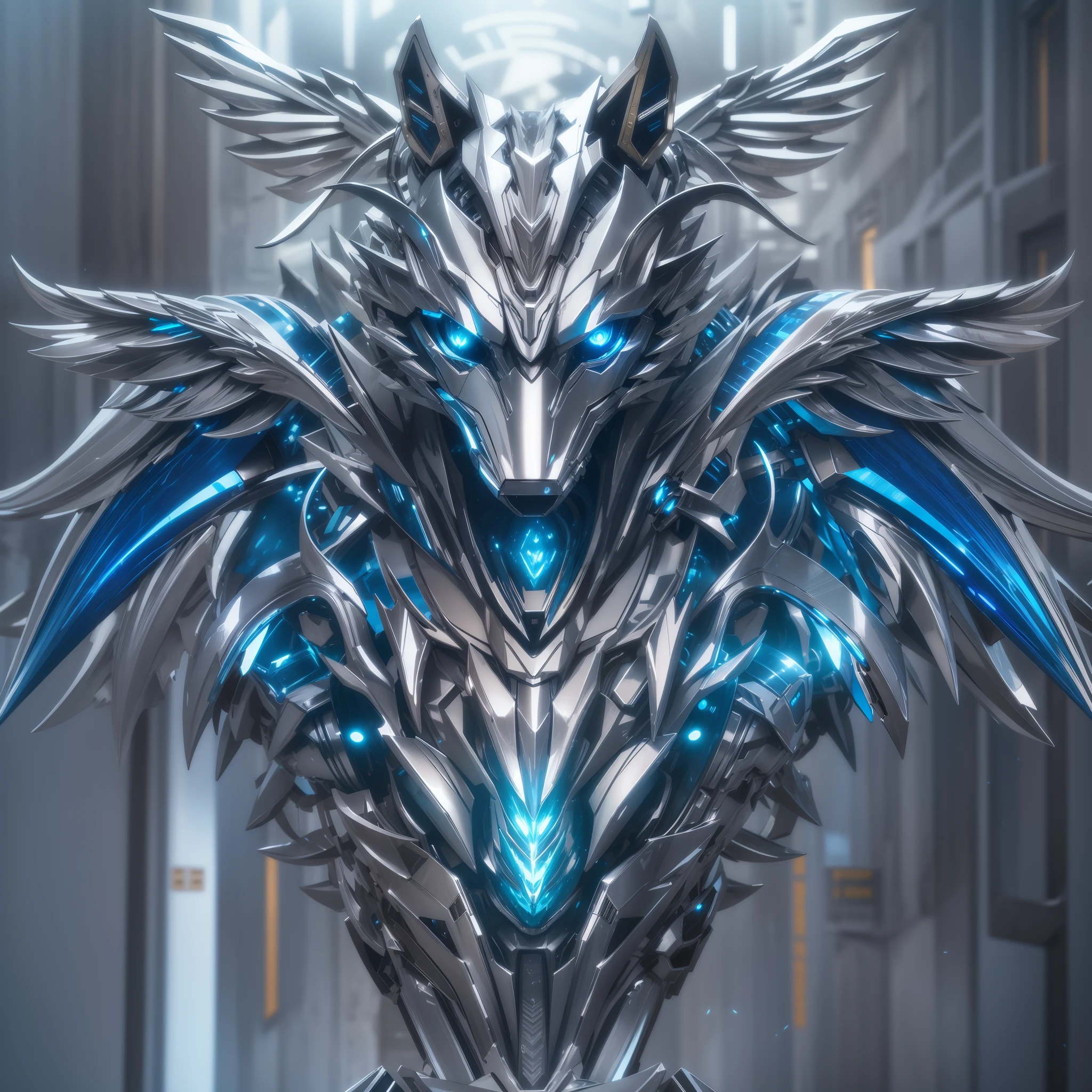 Cinematic light，metallic  luster，robotjoints，Meticulous metal wing，Wolf head，Blue Silver，realisticlying，blur backgroun