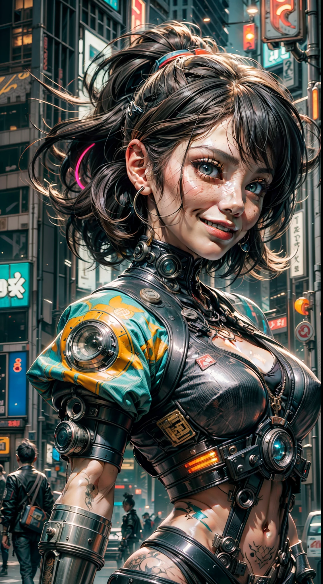 masterpiece, best quality, 2 ((smiling)) cyberpunk girls standing together, Harajuku-inspired cyberpunk body harness, body tattoo, bold colors and patterns, eye-catching accessories, trendy and innovative hairstyle, dazzling Cyberpunk cityscape, skyscrapers, neon signs, LED lights, bright and vivid color scheme, anime, illustration, detailed skin texture, detailed cloth texture, beautiful detailed face, intricate details, ultra detailed, cinematic lighting, dark shadows.