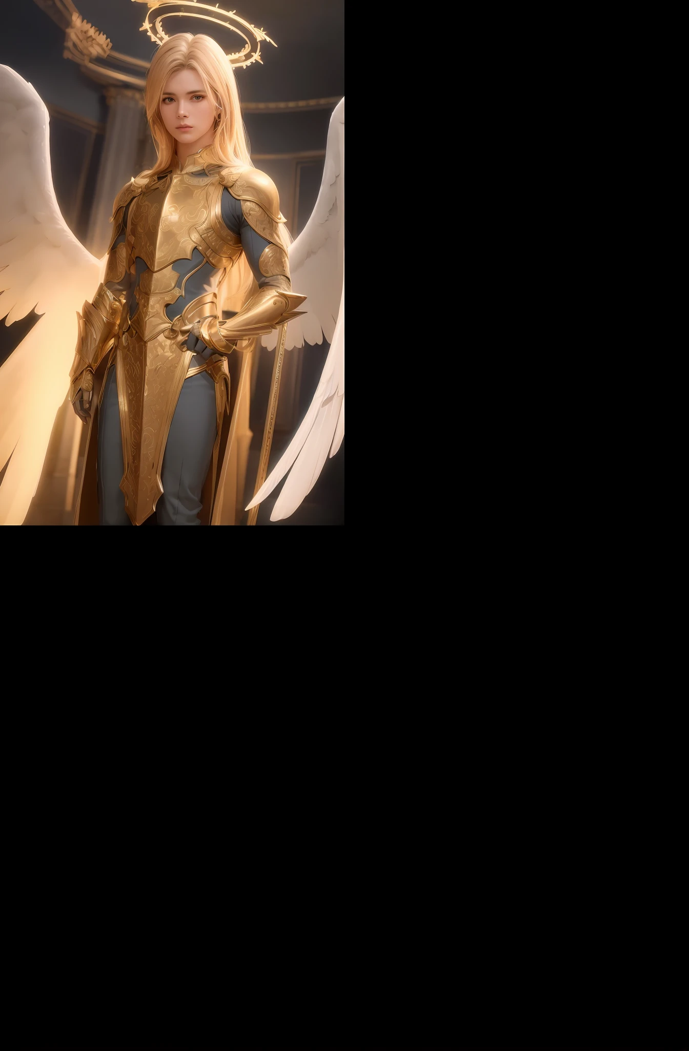 ultra high res, best quality, photo, 4k, (photorealistic:1.4), (ulzzang-6500:1), cinematic lighting, Archangel Gabriel, Saint Seiya, wearing medieval gold armor, detailed feathers, starry sky background, the galaxy, portal of the future, volumetric light, HD, magic, holy, god light, backlighting, detailed face, contrapposto, smooth skin, full body