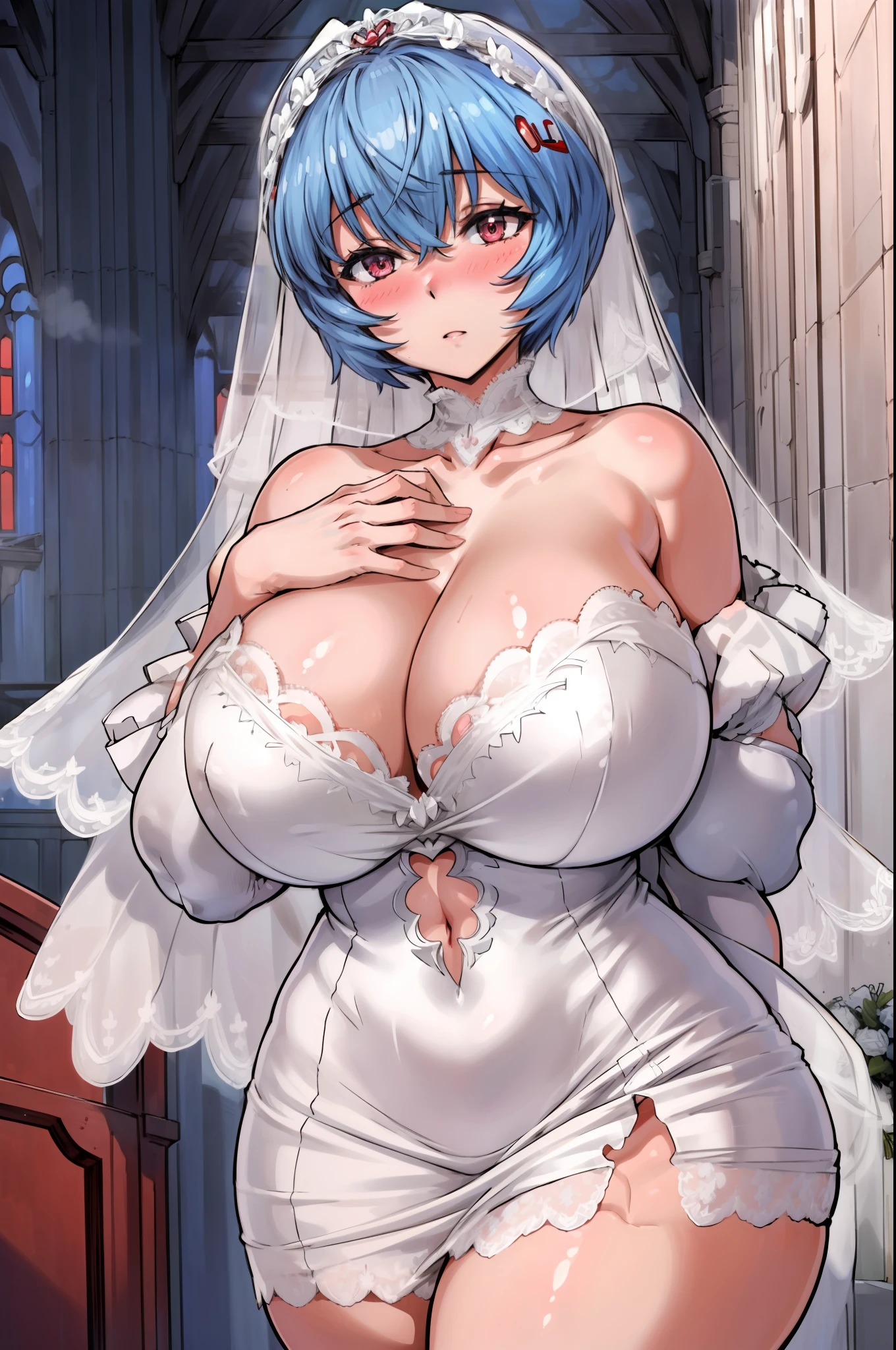 masterpiece,best quality,1girl,solo,Ayanami_Rei_Mogudan,huge_breasts,wide hips,thick thighs,(lace-trimmed wedding dress,cleavage),expressionless,blush,hands on own chest,indoors,church,