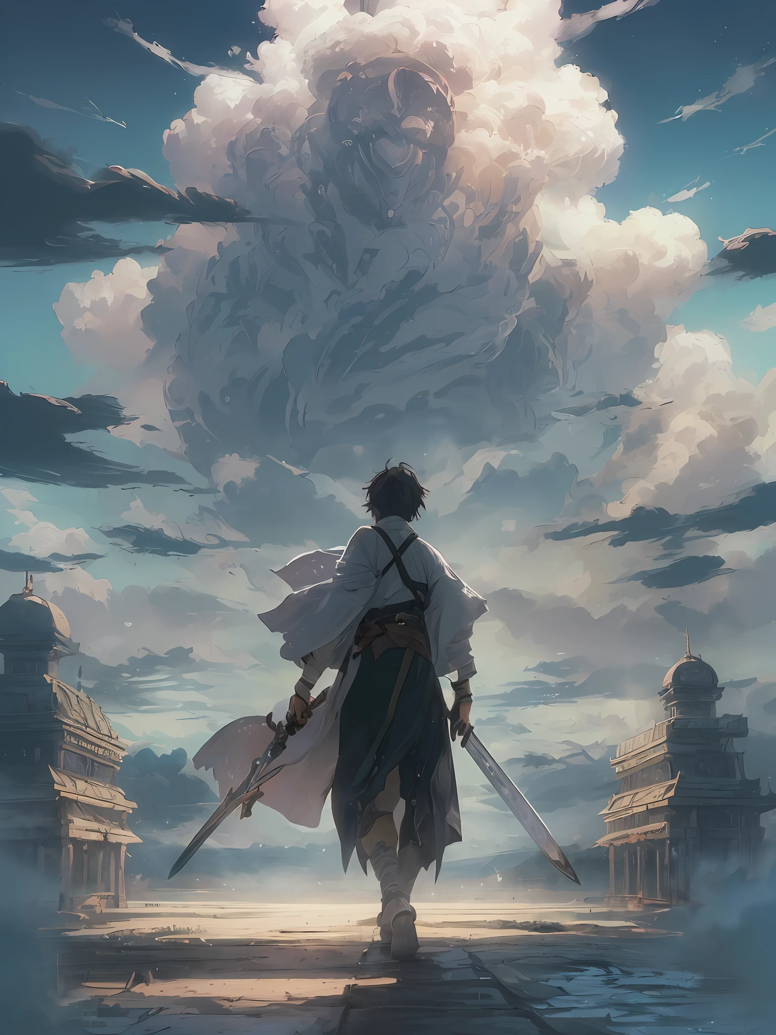 ((masterpiece, Top Quality)), (Highly detailed CG unity 8k wallpaper, masterpiece, Top Quality, A highly detailed, best shadows), (detailed backgorund), (Beautiful detailed face, Beautiful detailed eyes), High contrast, (Best lighting, an extremely delicate and beautiful), (Anime Man : 1.2), ((A long sword walking on the clouds, ripple, Background of the Dawn, Backshot, A fantasy world of destiny, Demon Slayer's Low Angle Painting, concept-art, the anime, Key visuals, WLOP and Greg Rutkowski, Makoto Shinkai and Studio Ghibli's Trendy PIXIV Fanbox), ((falsetto)), dynamic angle, beautiful details glow, hands, Knife, fantastical, With a beautiful soul
