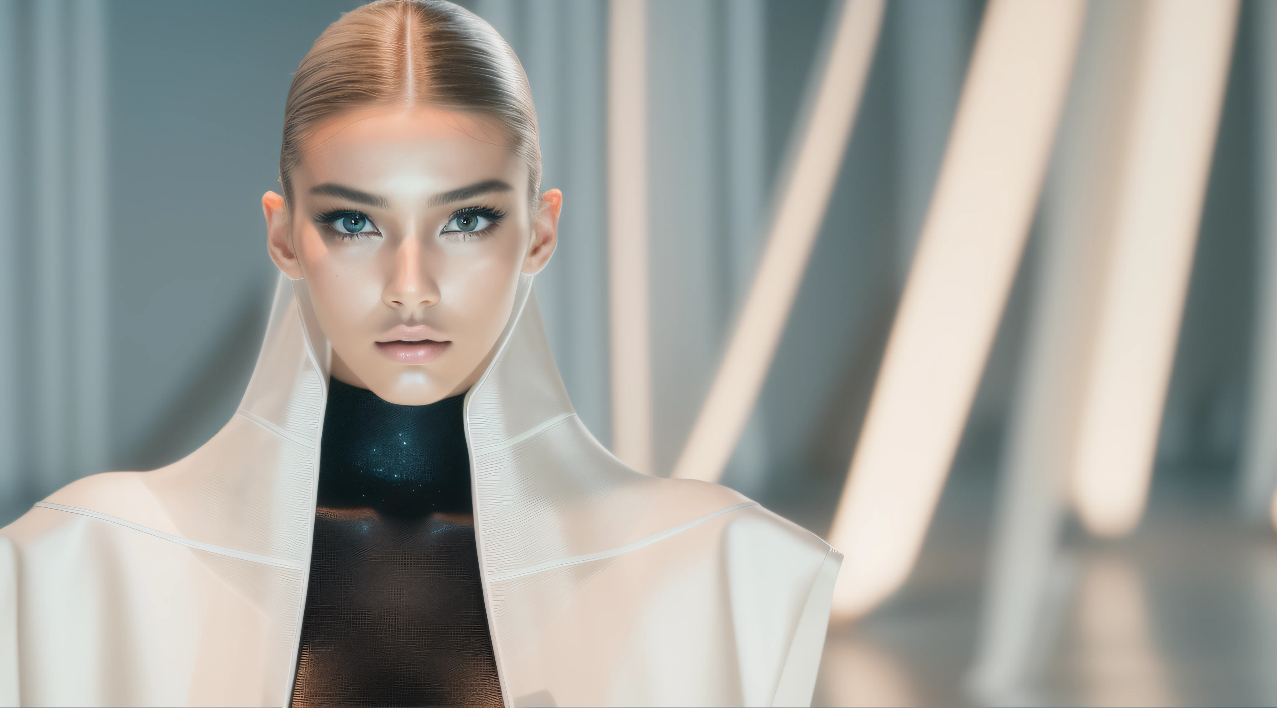 RAW photo, a fashion model, walk on runway, futuristic style, (photo-realistic:1.5), (RAW photo, 8k uhd, film grain), extremely delicate and beautiful, highres, sharp focus, extremely detailed, masterpiece, cinematic lighting, (high detailed skin:1.2), dslr, soft lighting, high quality, film grain, Fujifilm XT3
