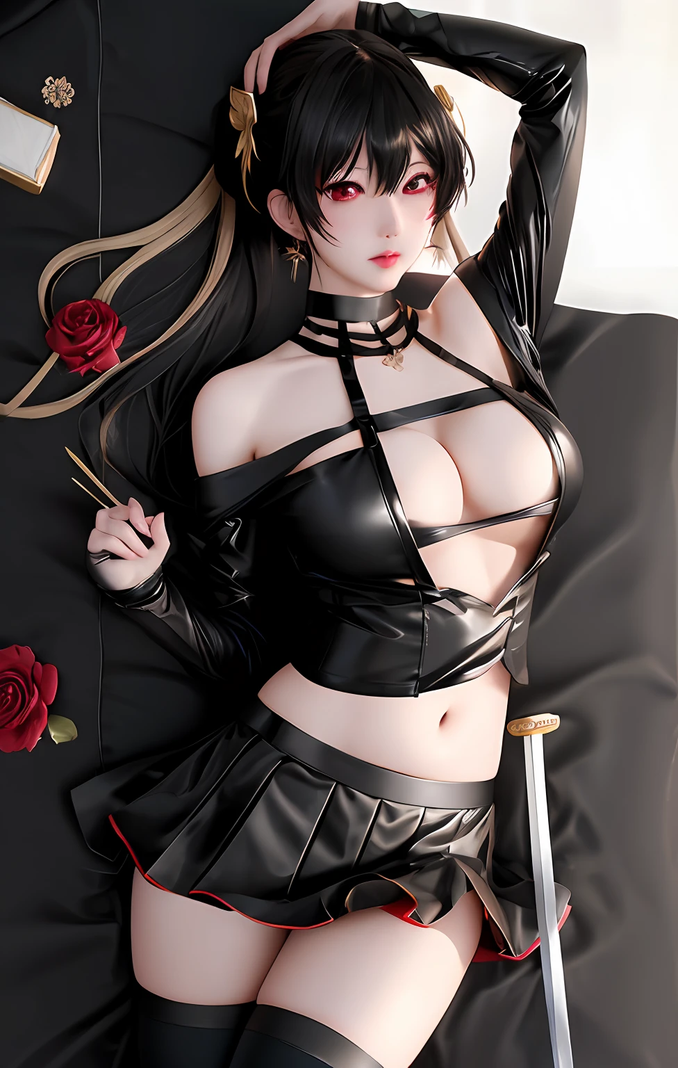 Sexy Japan woman in black leather dress with sword and rose petals, a short skirt、emerald eyes、blanche、High kick like a cheergirl、Beautiful facial features、Beautiful bust、Ultra mini skirt、I can see the white panties、beautiful thigh、poneyTail、Beautiful panties、Full panties、There are pure village frames like、Beautifully constricted waist、Beautiful panties、Beautiful belly button、 by Yang J, ig model | ArtGerm,Beautiful shorts、Beautiful Kasumi Arimura、White panty、 Trending on CGSTATION, beautiful alluring anime woman