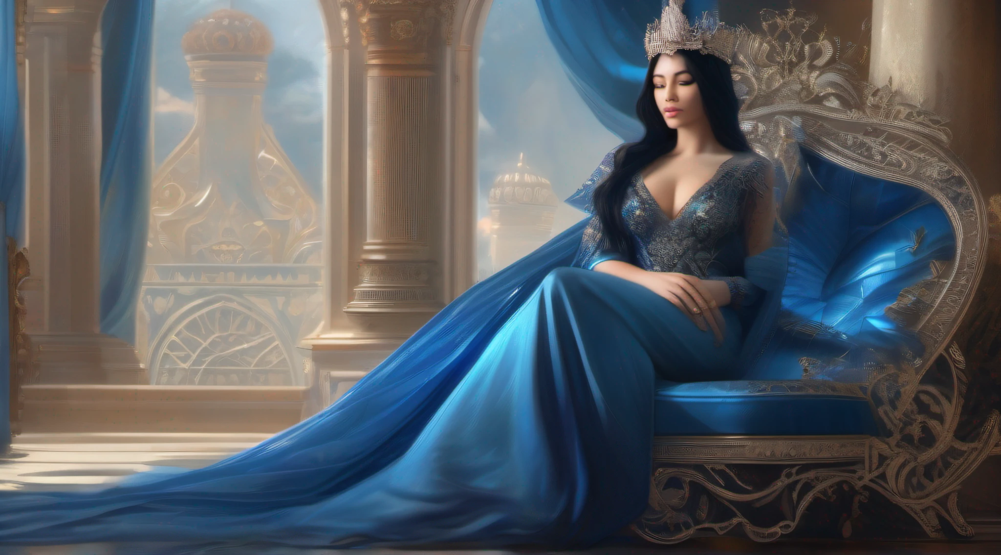 a Full body photo of a beautiful queen with black hair sitting a blue throne, 8k intricate, elegant, highly detailed, majestic, digital photography, art by Artgerm and Ruan Jia and Greg Rutkowski Surreal painting of filigree blue butterfly, broken glass (masterpiece, side lighting, beautiful finely detailed eyes: 1.2 ), hdr