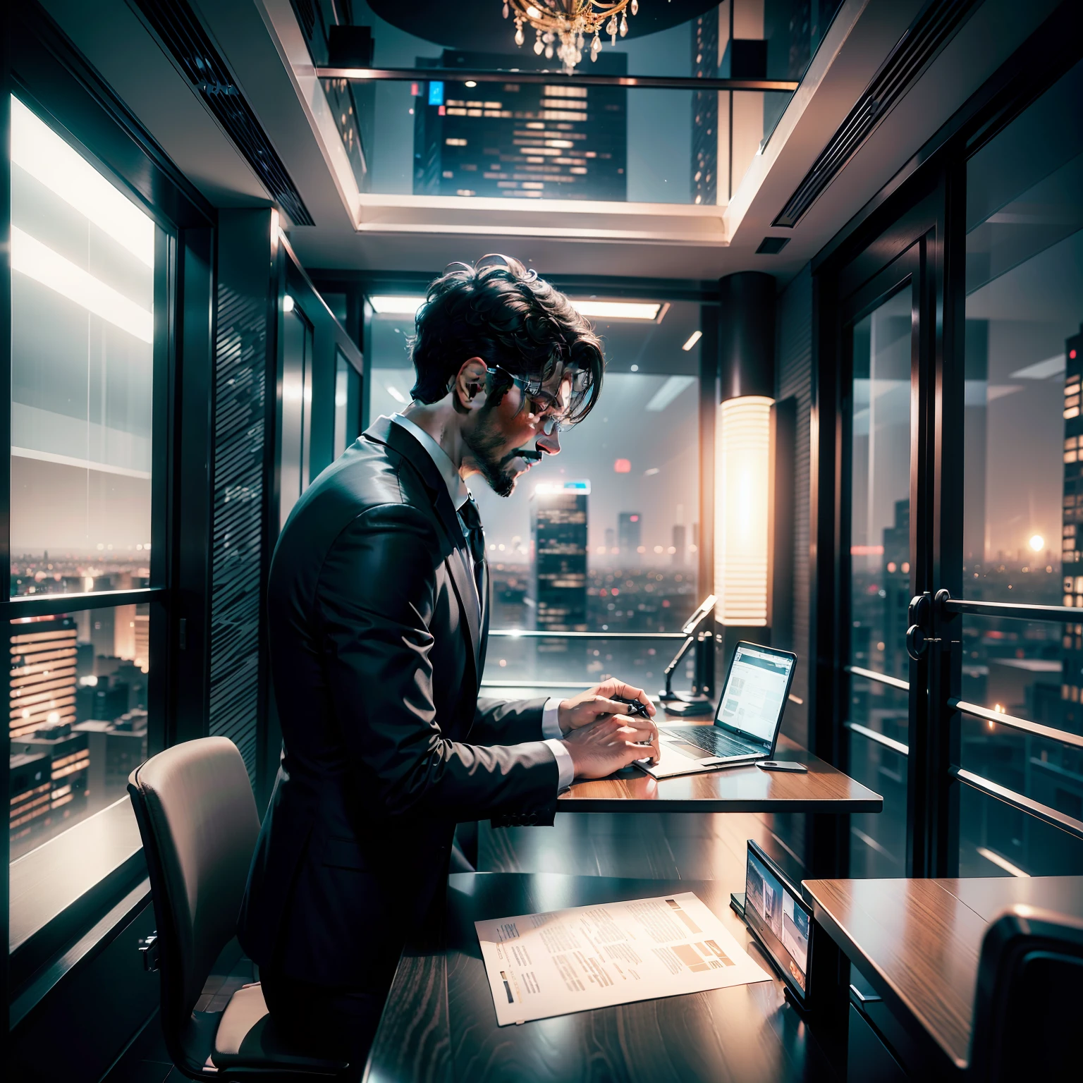 OBRA-PRIMA ULTRA REALISTA, A VERY LARGE BUSINESS ROOM, IN A LUXURIOUS BUILDING WITH GLASS WINDOWS AND VIEWS OF THE ENTIRE CITY AT NIGHT, WITH A BUSINESSMAN TRADING ON HIS COMPUTER TALKING ON HIS MOBILE PHONE, PLAQUES DE DINHEIRO EM CIMA DA MESA.
