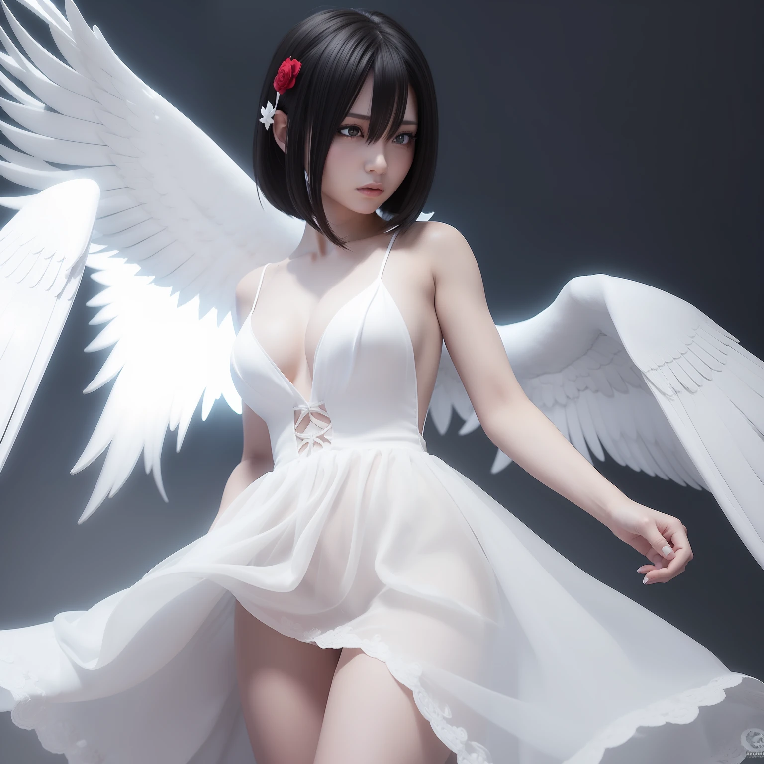 woman in white dress, angry look, white wings, cute angel 3d rendering, black hair, red eyes