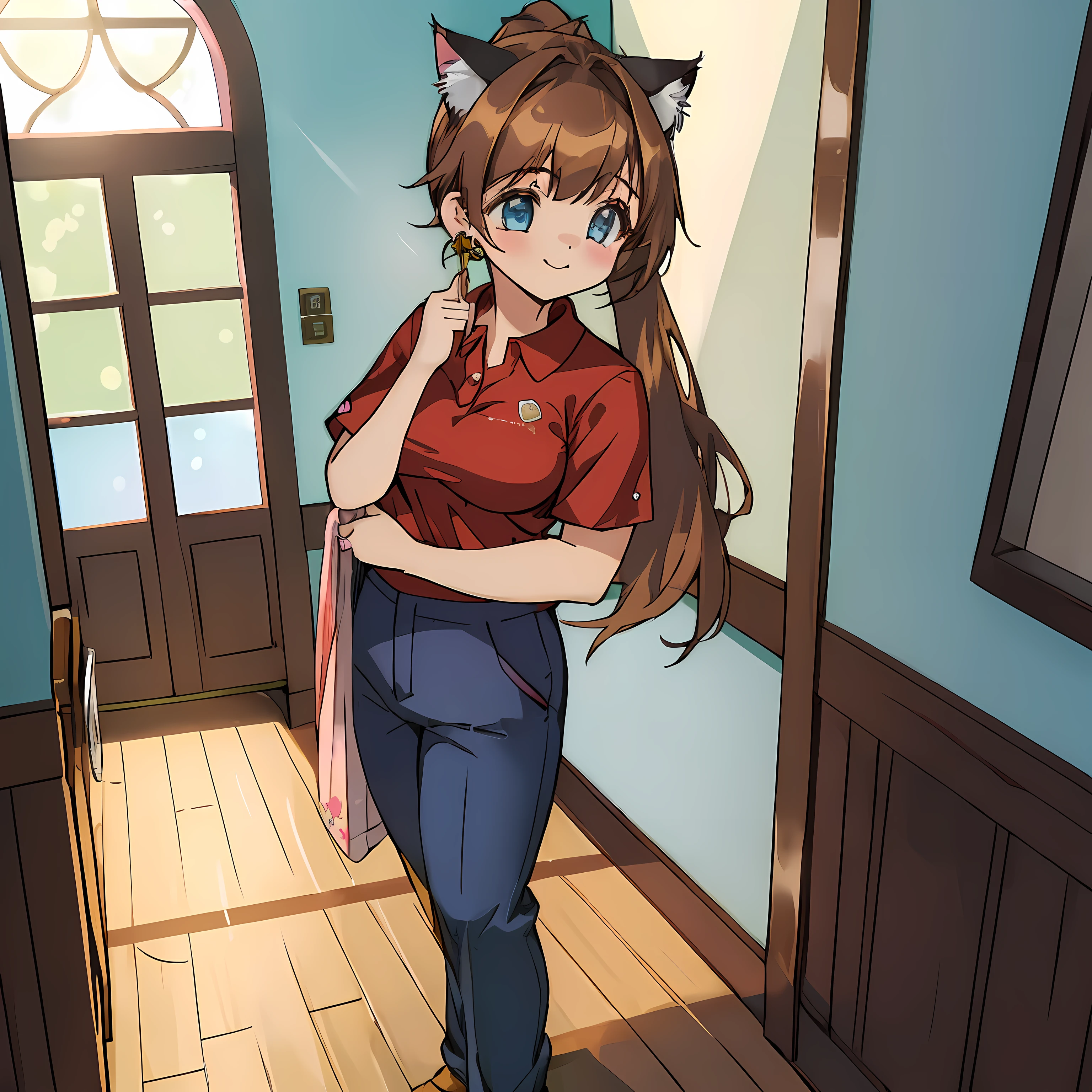 (Highly detailed CG Unity 8k wallpaper), (Best Quality), (Super Detail), (Best Illustration), (Best Shadow), POV, Realistic lighting and shading, Natural light, Lens flare effect, BREAK, 1 beautiful girl, Solo,(Cute:1.5),(Chibi:0.8), (kawaii:1.5),(Lori:0.5), BREAK, ( ( girl), Very detailed, colourfull, highest details, BREAK, (Huge breasts: 1. 2,), Clear skin, Beautiful skin, Shy skin, 1 beautiful girl, Brown hair, (Cat ears, Ponytail, medium-Long hair: 1. 2), (Light blue eyes, long eyelashes, Double eyelids: 1. 2), Solo, gleaming skin, BREAK,(trouser,Black chinos,Pichi Pichi:1.2), (shortsleeves, polo shirts, Red Shirt:1.2), (star-shaped earring:1.1), (Lace headband:1.0), (Cute Accessories:1.3), (A smile,Happiness:1.1), (is standing,Slouched:1.3), Holding paper pants in his right hand,Hanging a tube of ointment in the left hand, (Angle from the front:1.1), BREAK, (Caregiver:1.2),(Facilities for the elderly,Day Service,in a house:1.5),(Multiple seniors)
