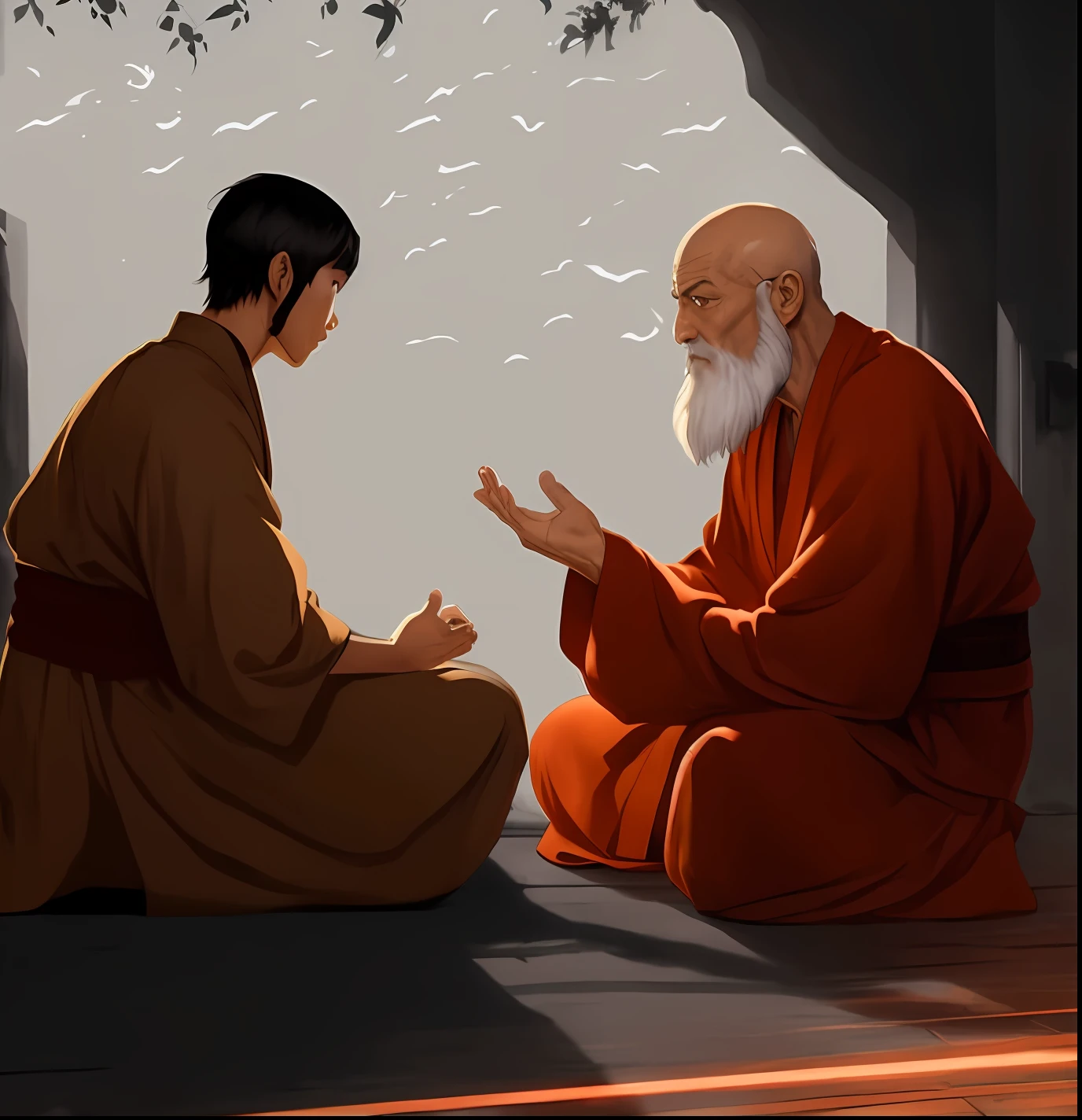 Arafed monk and a man sitting on the floor talking, arte conceitual de um monge, Directed by: Qu Leilei, rob rey and kentarõ miura style, Yiqiang e Shurakrgt, Ross Tran e Michael Whelan, beautiful depiction, rob rey and kentarõ miura, wearing flowing robes, taoist