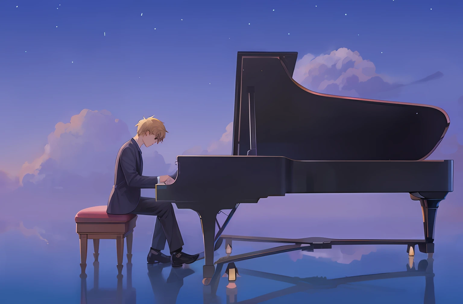 Anime people sit at a piano in the middle of the lake, Pianist, official fanart, Fanart ", Kurosaki Ichigo,zerochan art, ( ( Makoto Shinkai ) ), in the style of makoto shinkai, Play the piano, Praise Artstyle, piano, High-quality fanart, Makoto Shinkai's style, author:New Art, in style of atey ghailan