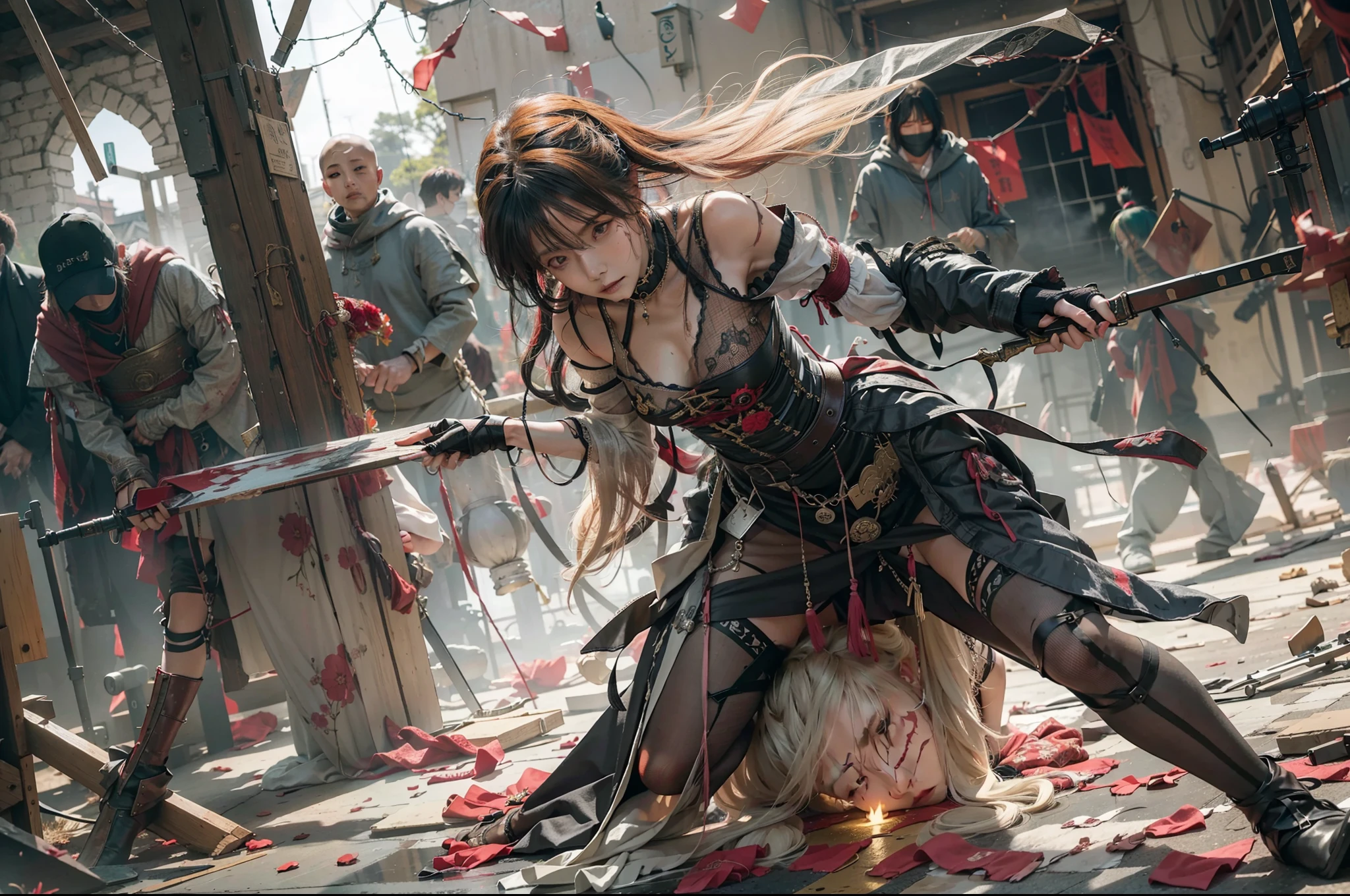 "sscene of a wounded female warrior rising from dying in battle,head-down pose,bloody,dying,surviving,medieval background scene,perfect pose,perfect anatomy,dramatic atmosphere,atmosphereic light"